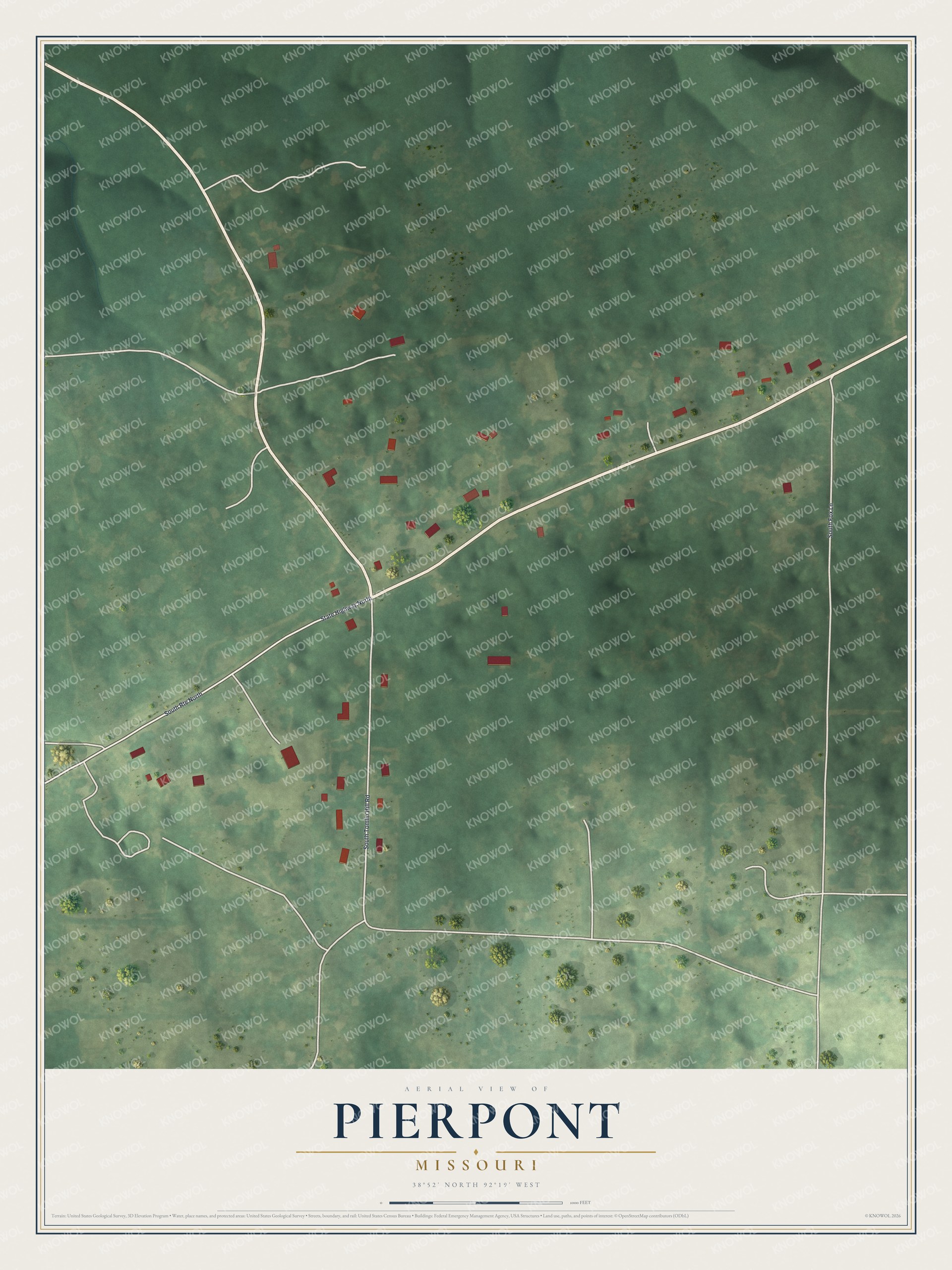 Full map of Pierpont, Missouri, with red buildings, printed street names and the land around them