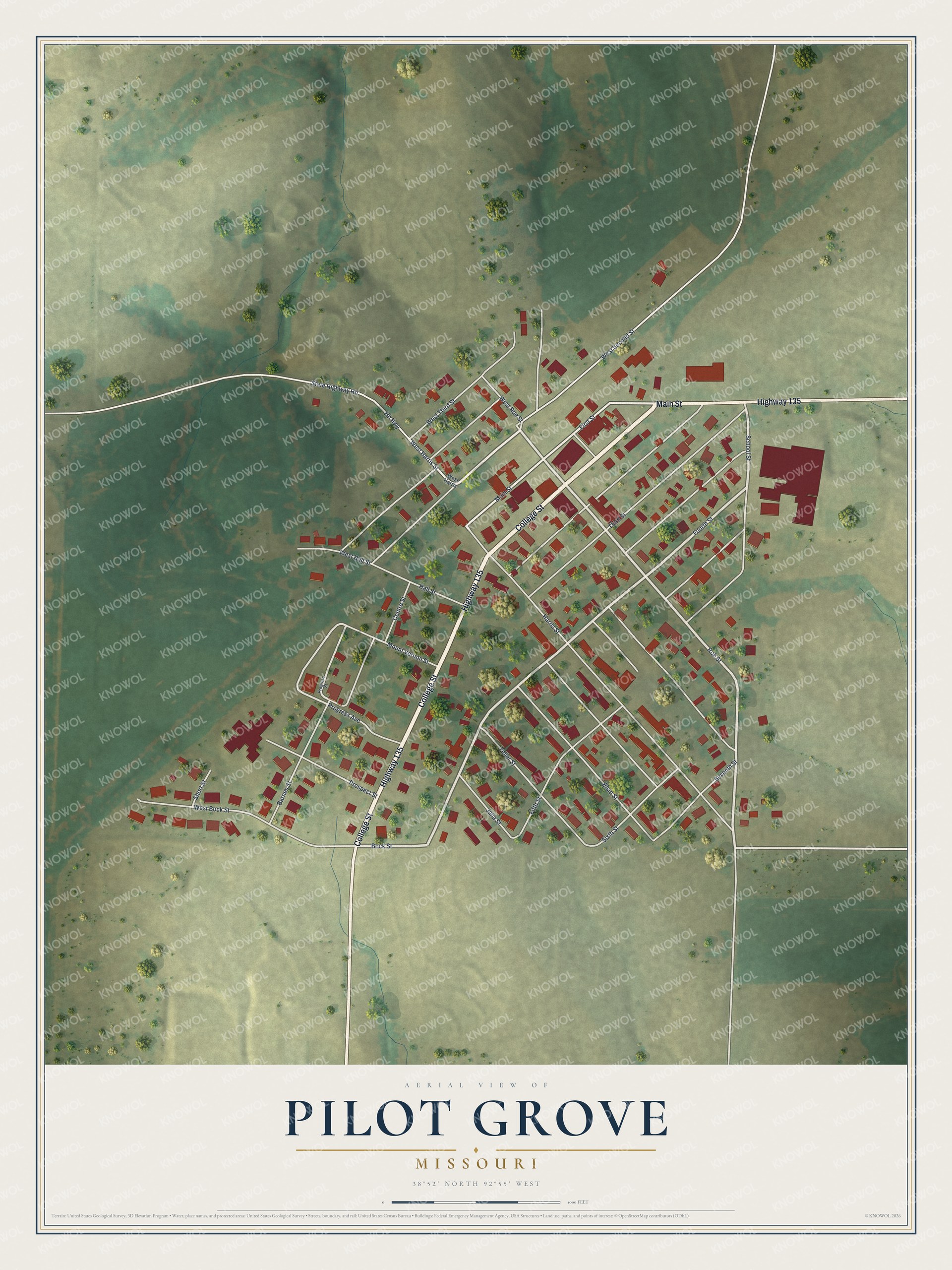 Full map of Pilot Grove, Missouri, with red buildings, printed street names and the land around them