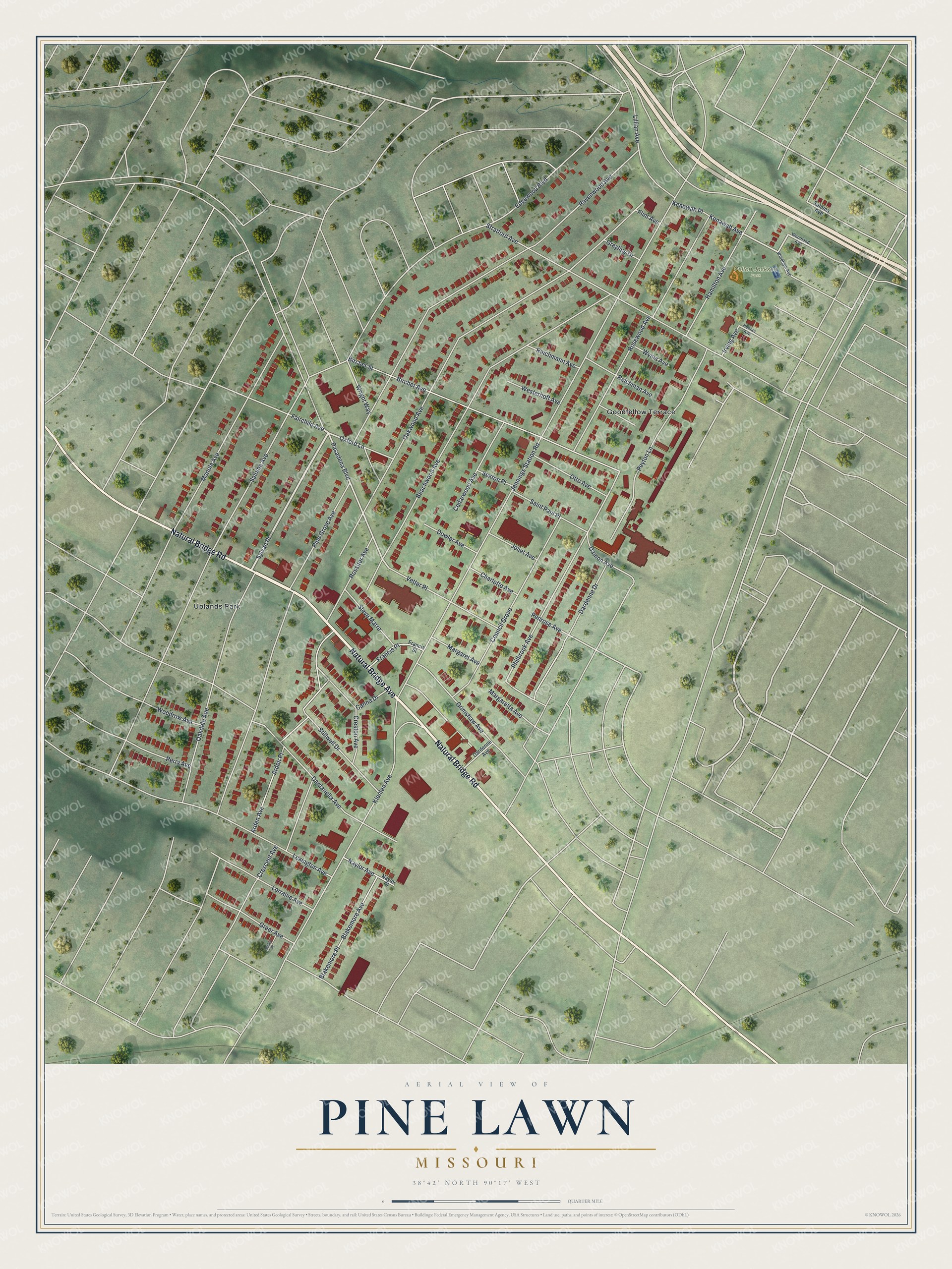 Full map of Pine Lawn, Missouri, with red buildings, printed street names and the land around them