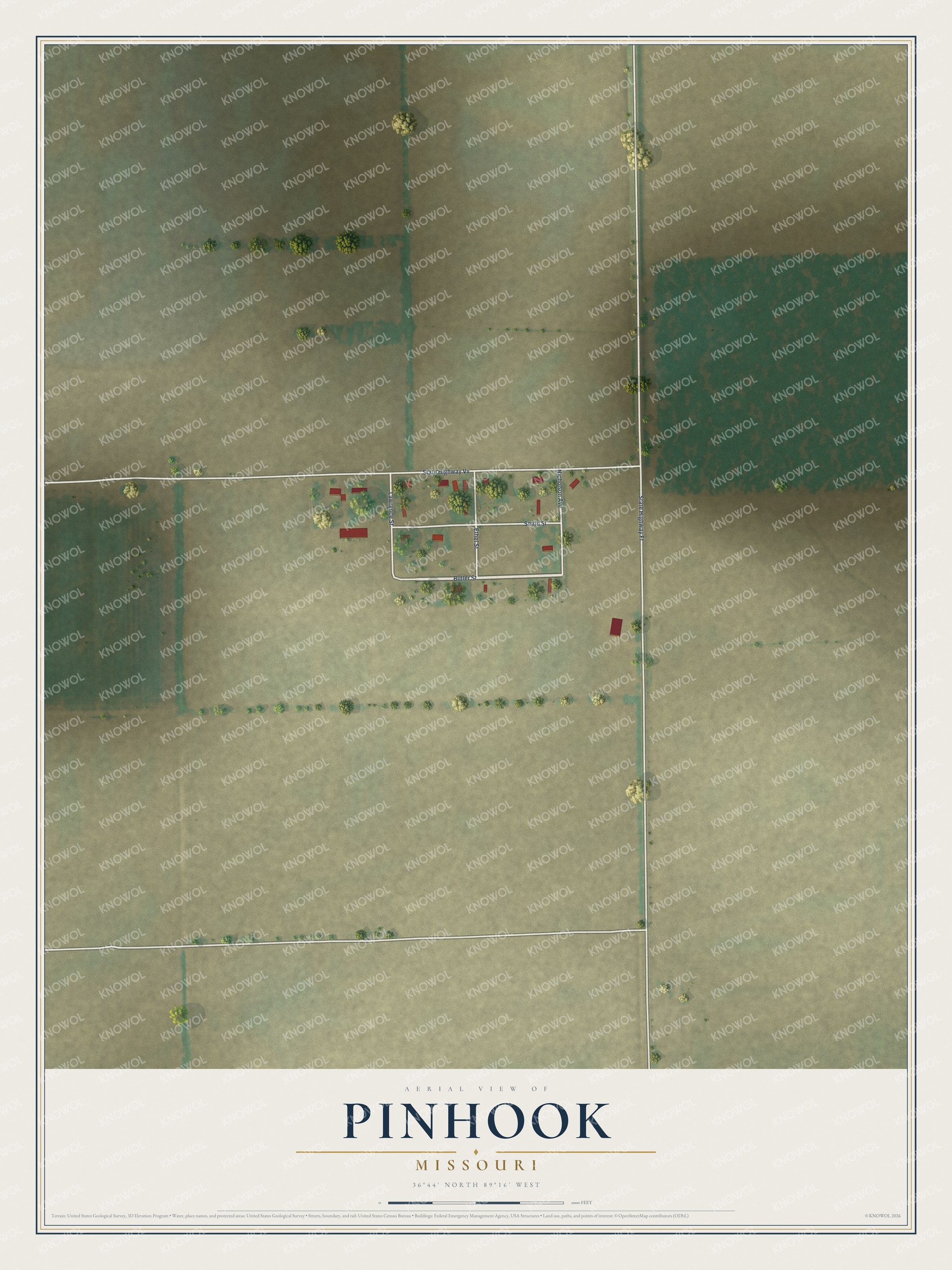 Full map of Pinhook, Missouri, with red buildings, printed street names and the land around them