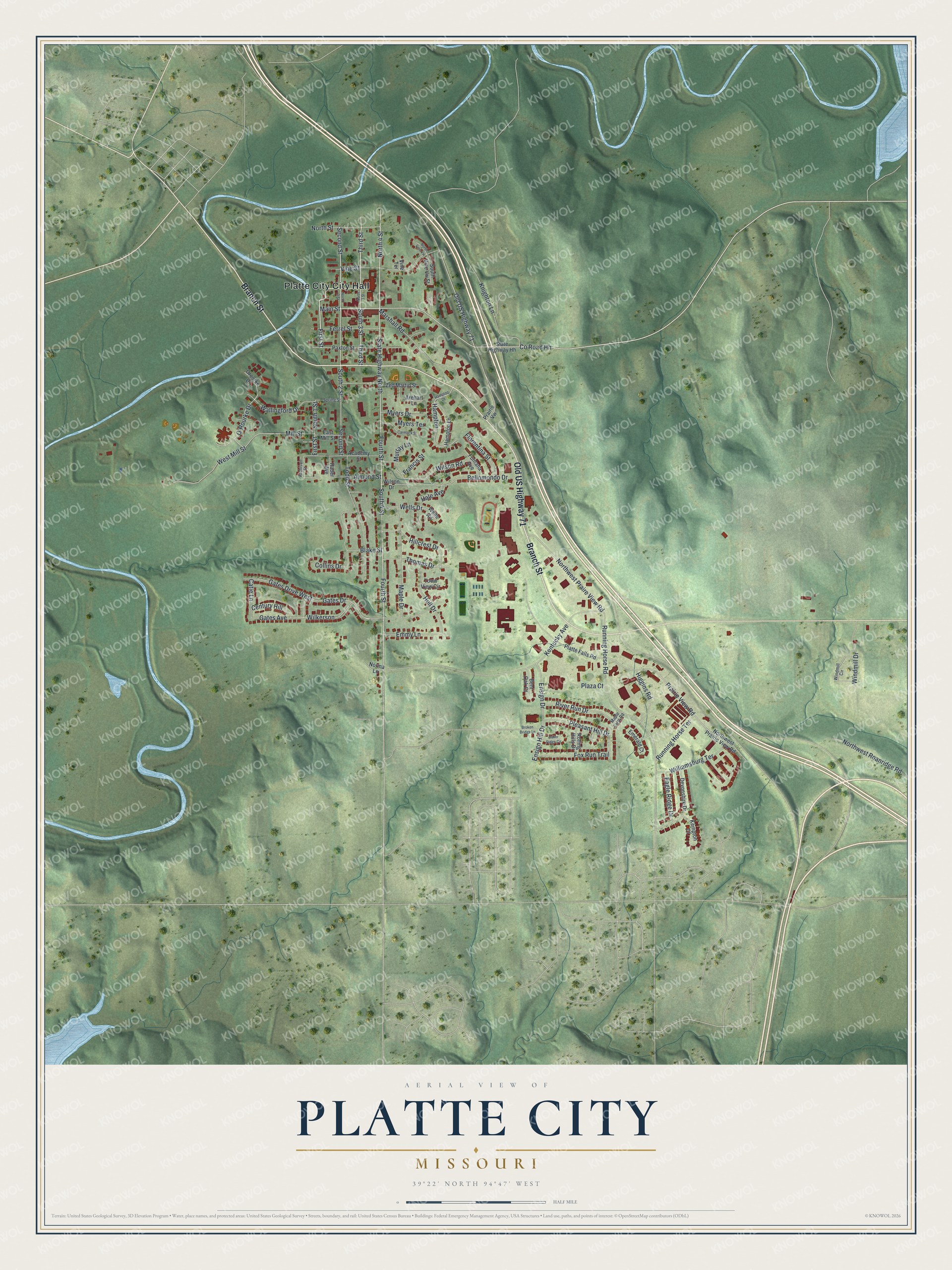 Aerial-style map of Platte City, Missouri, with red buildings along Main Street, green shaded hills and a winding blue river