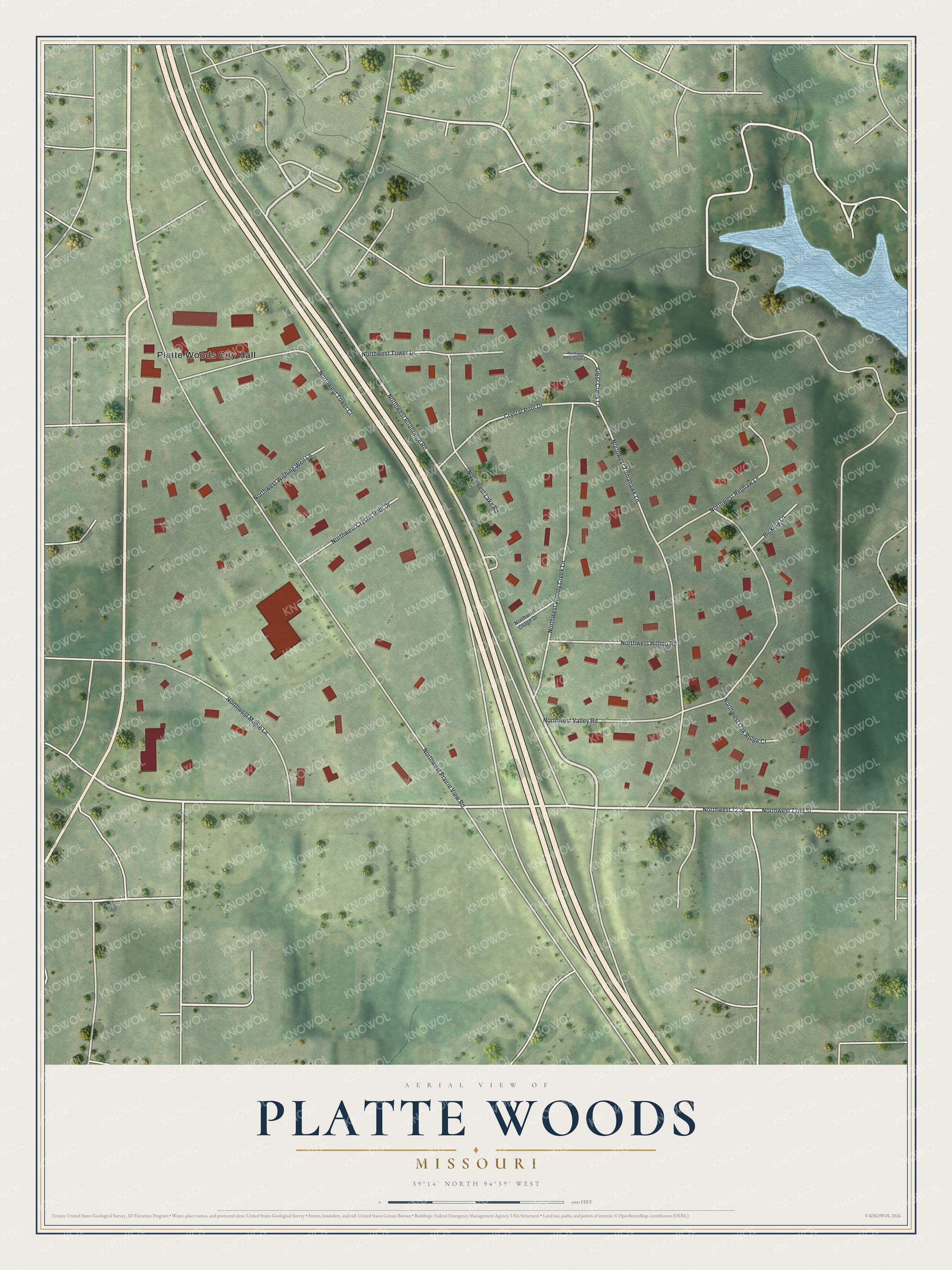 Full map of Platte Woods, Missouri, with red buildings, printed street names and the land around them