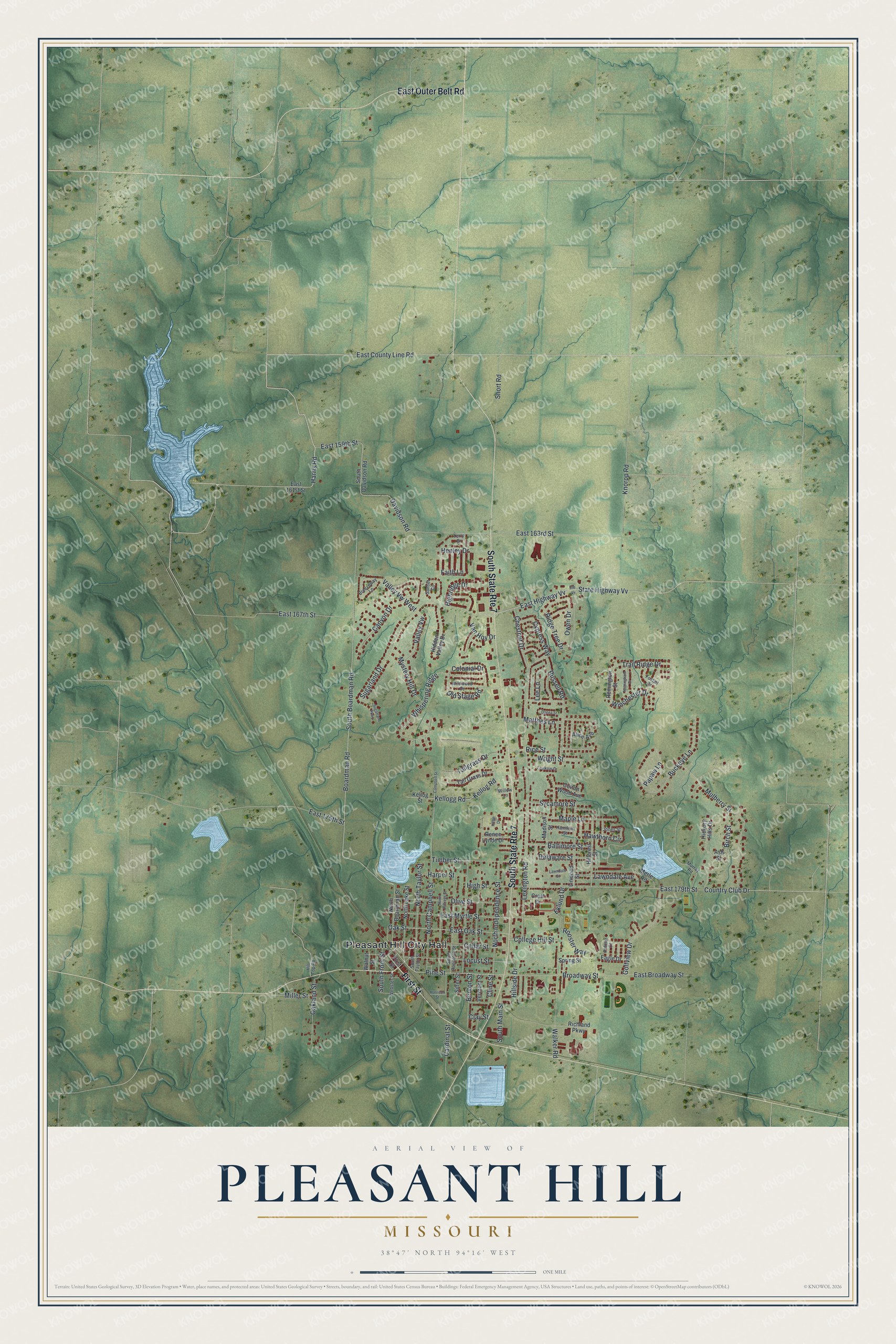 Full map of Pleasant Hill, Missouri, with red buildings, printed street names and the land around them