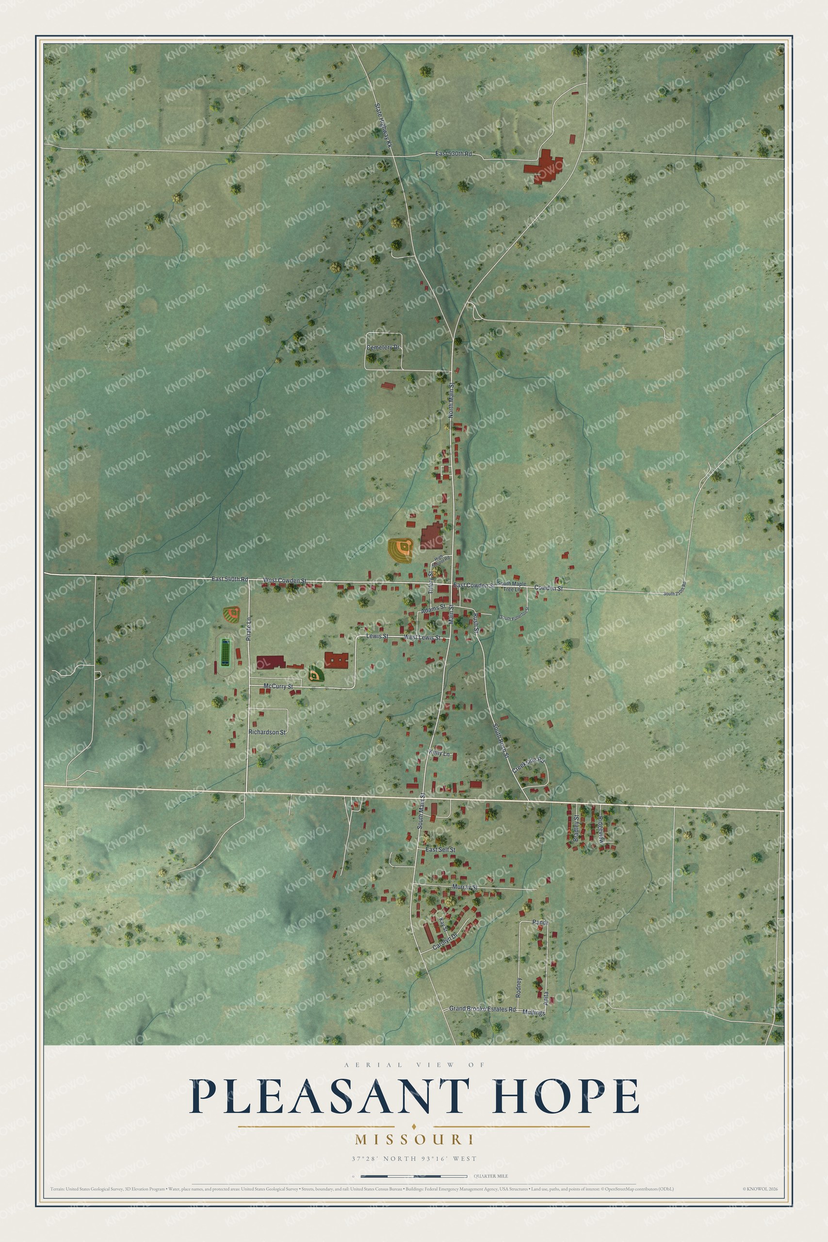Full map of Pleasant Hope, Missouri, with red buildings, printed street names and the land around them