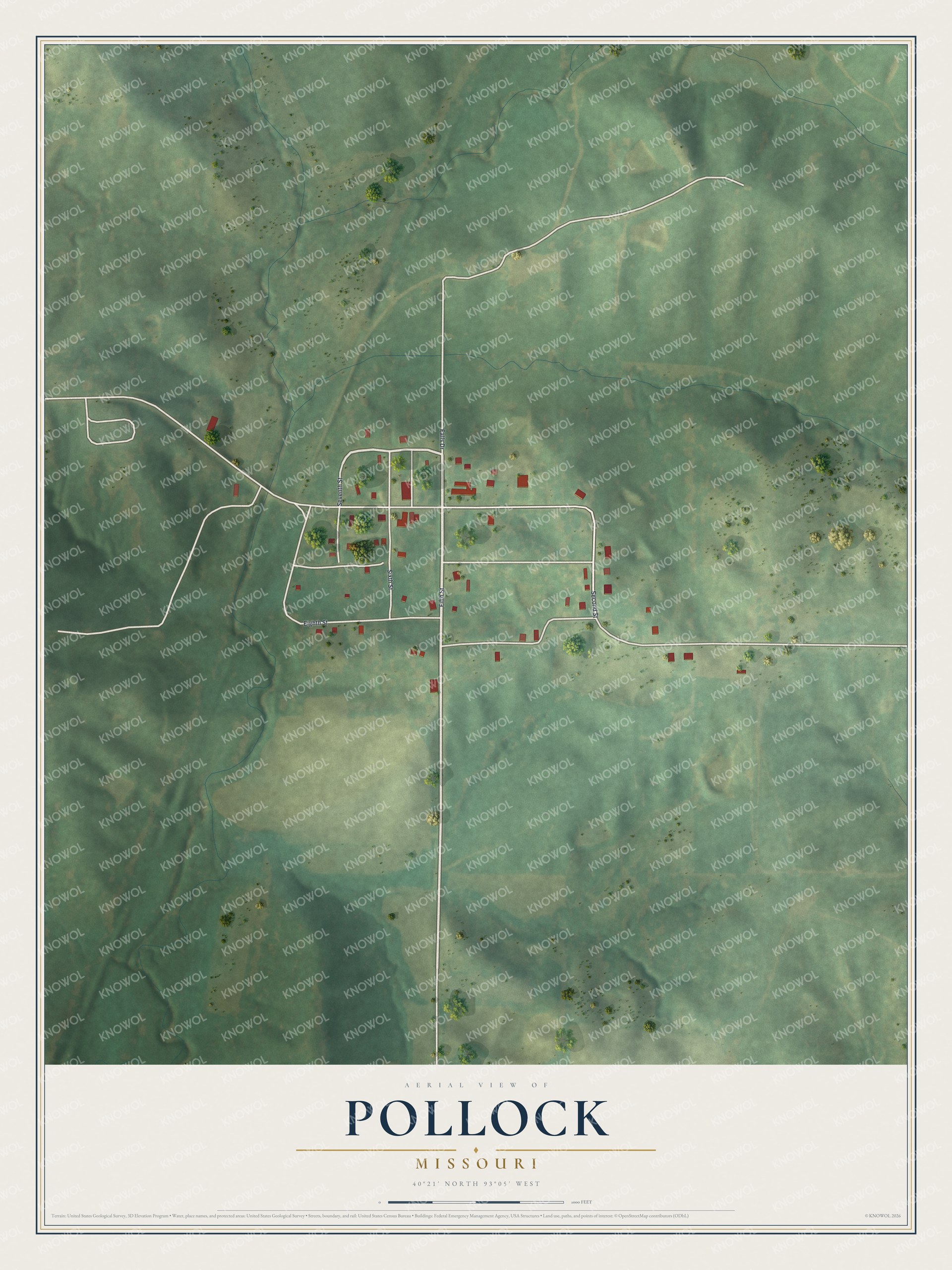 Full map of Pollock, Missouri, with red buildings, printed street names and the land around them