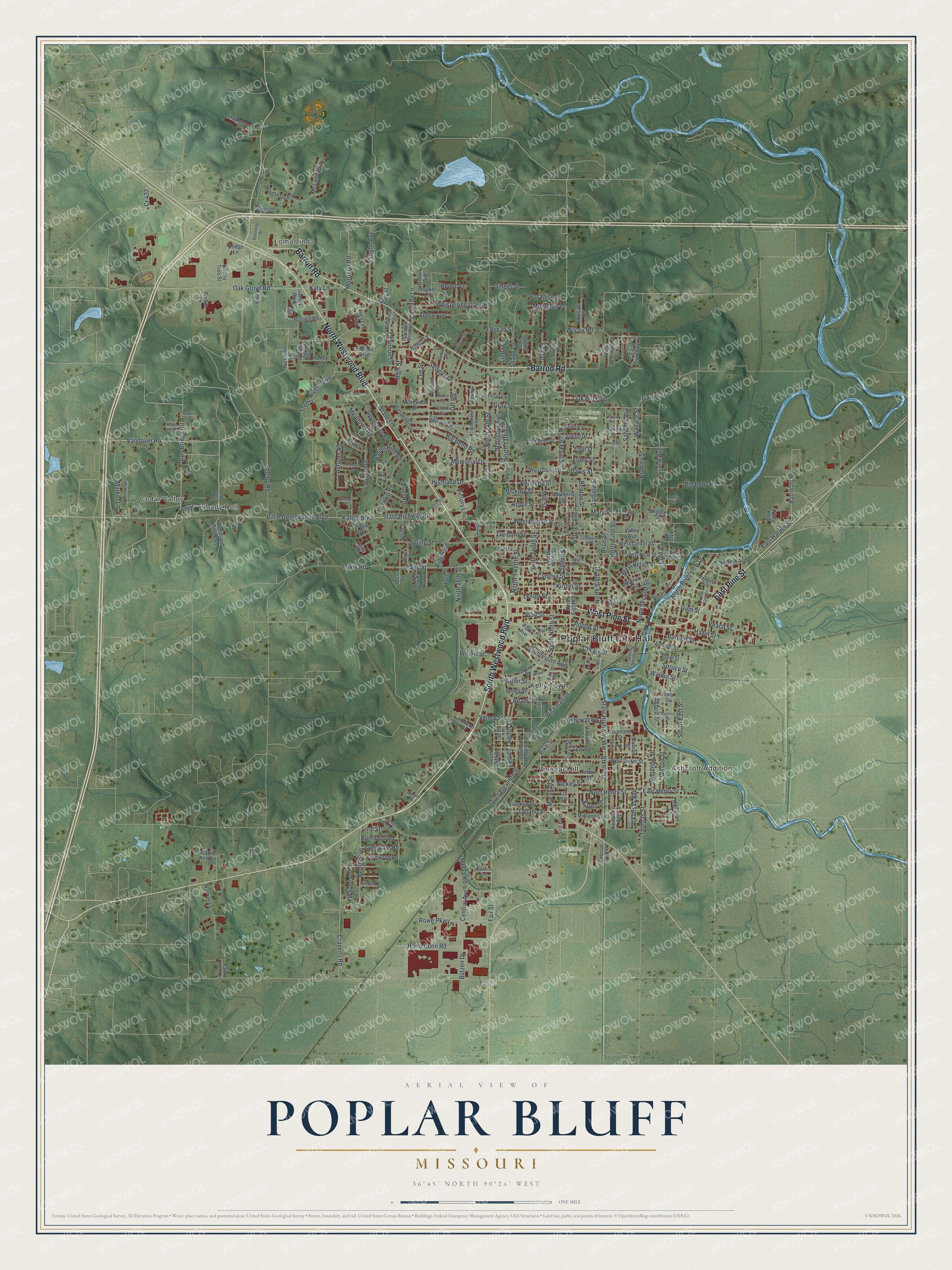 Aerial-style map of Poplar Bluff, Missouri with green shaded hills, a winding blue river on the right and red buildings around downtown