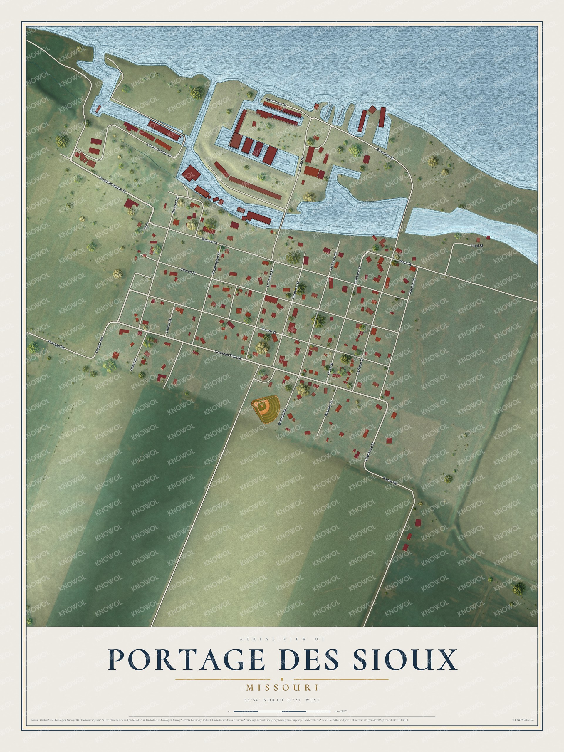 Full map of Portage Des Sioux, Missouri, with red buildings, printed street names and the land around them