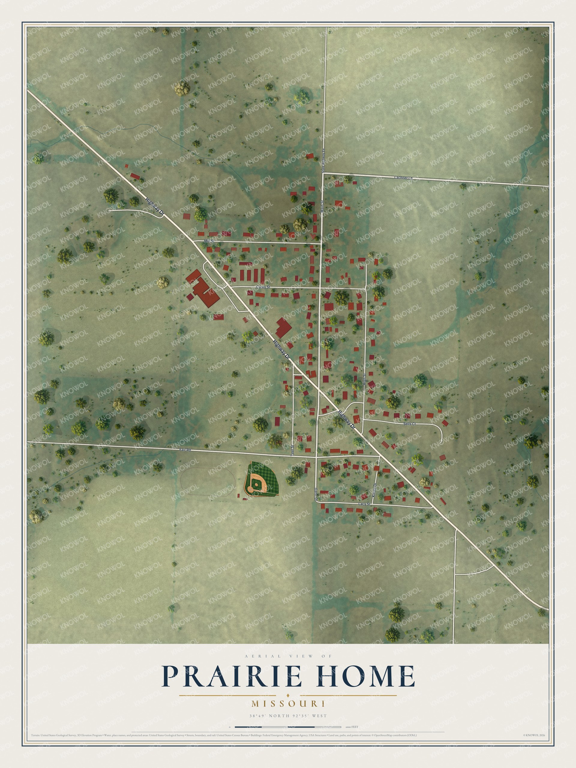 Full map of Prairie Home, Missouri, with red buildings, printed street names and the land around them