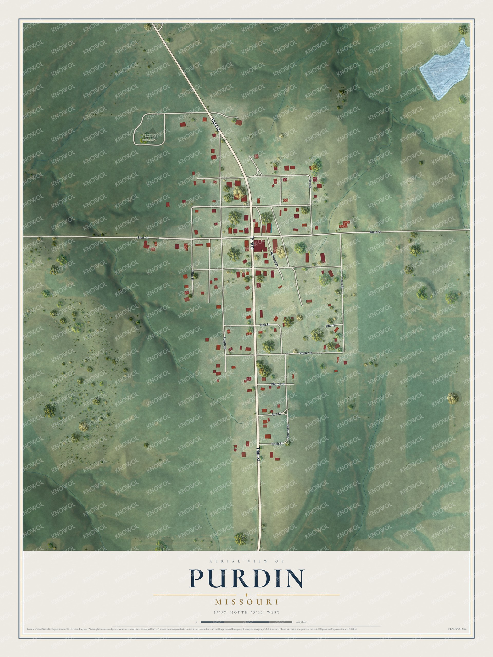 Aerial map of Purdin, Missouri with Third Street running north to south, red buildings, farm fields and Purdin Cemetery at upper left