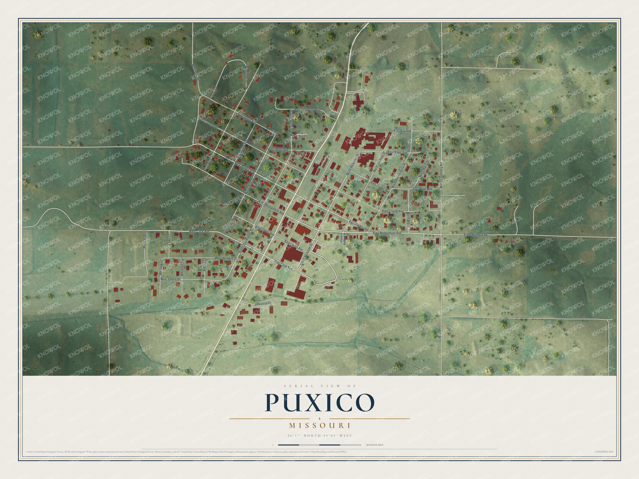 Full map of Puxico, Missouri, with red buildings, printed street names and the land around them