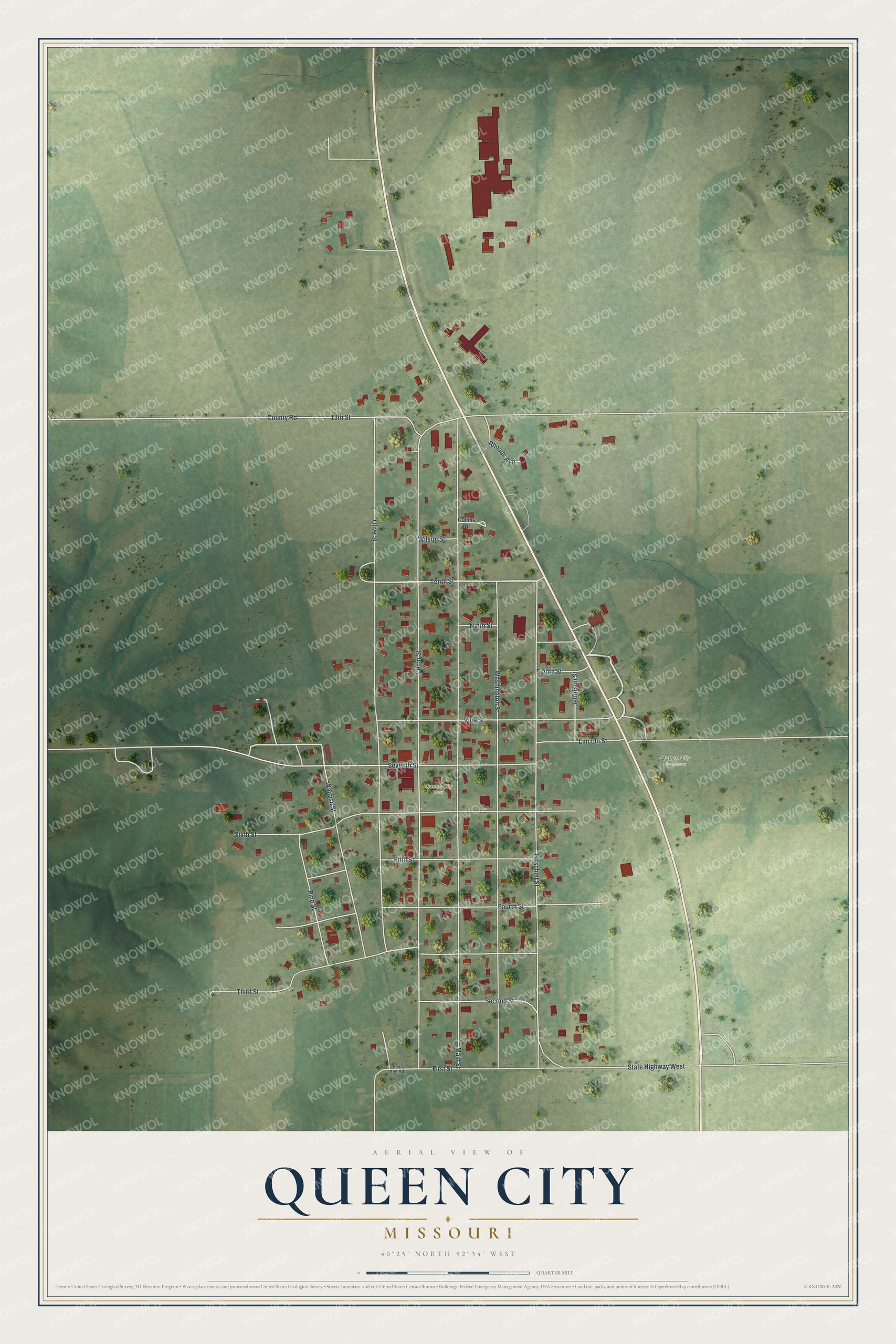 Full map of Queen City, Missouri, with red buildings, printed street names and the land around them