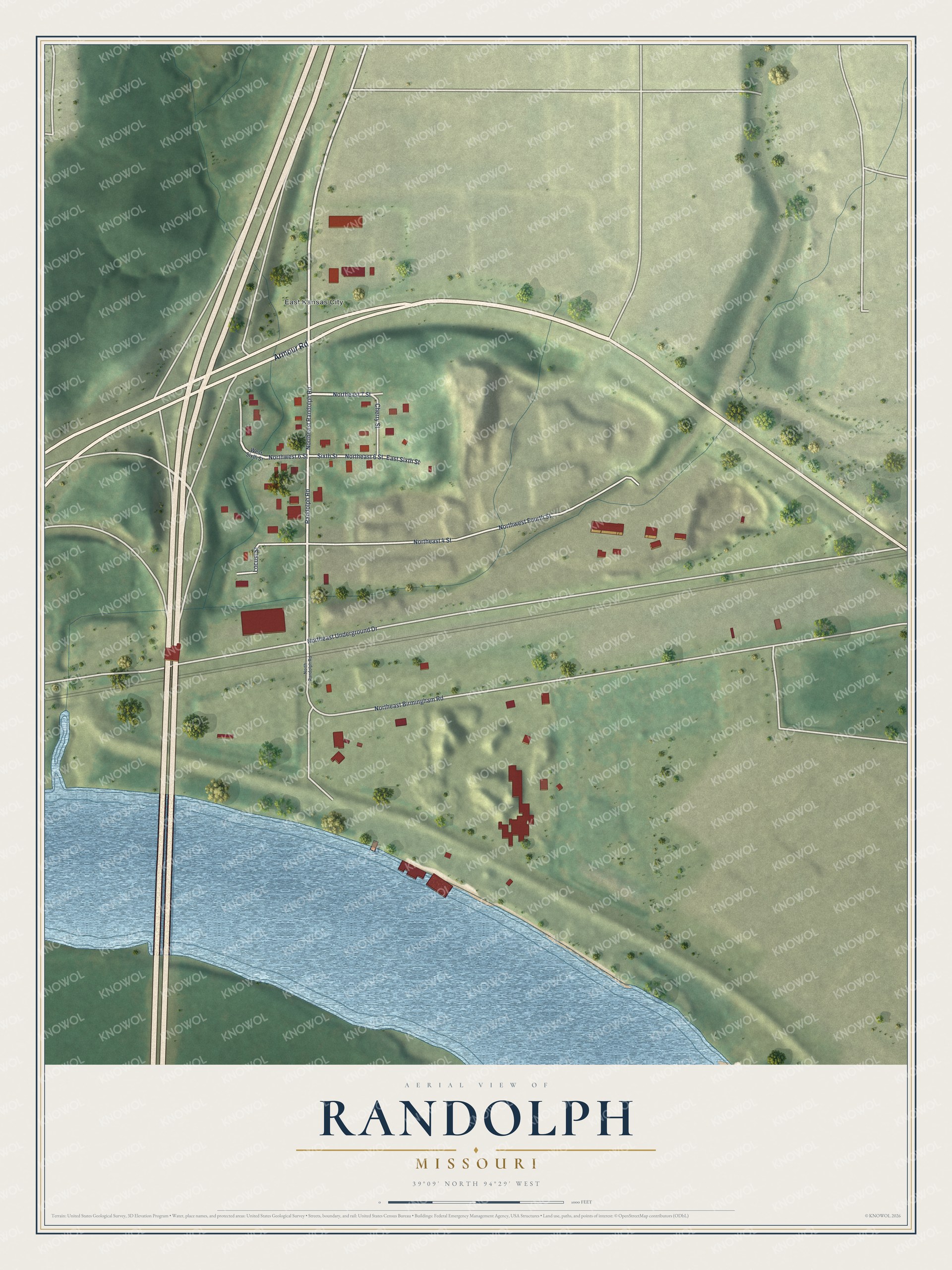 Full map of Randolph, Missouri, with red buildings, printed street names and the land around them