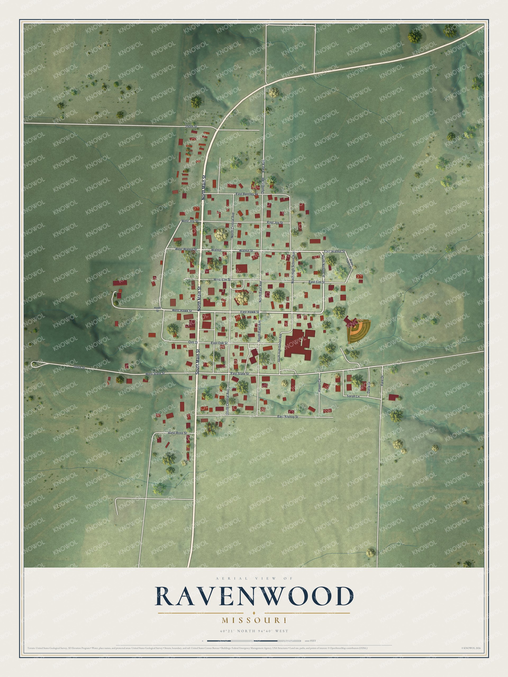 Full map of Ravenwood, Missouri, with red buildings, printed street names and the land around them