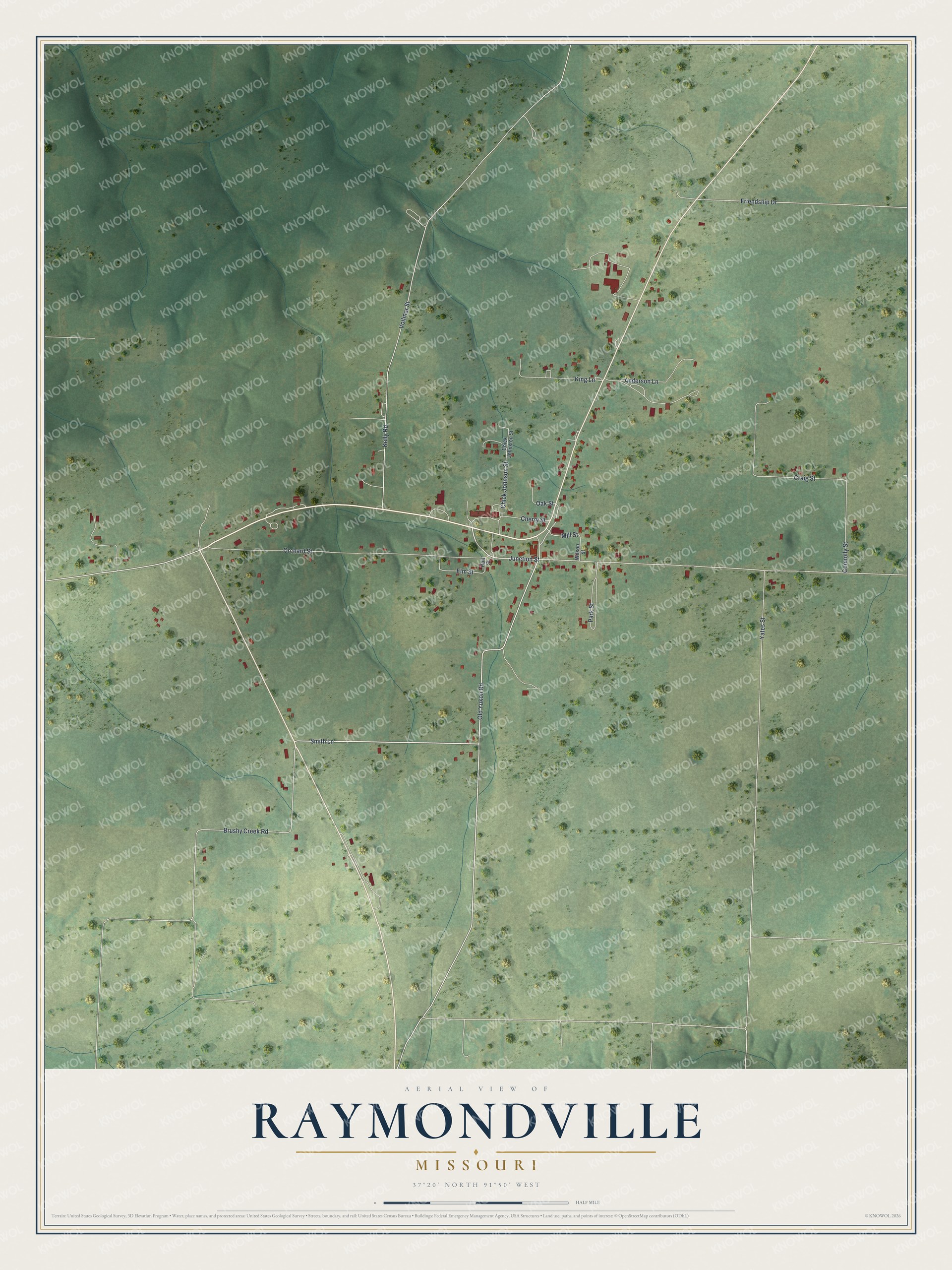 Full map of Raymondville, Missouri, with red buildings, printed street names and the land around them