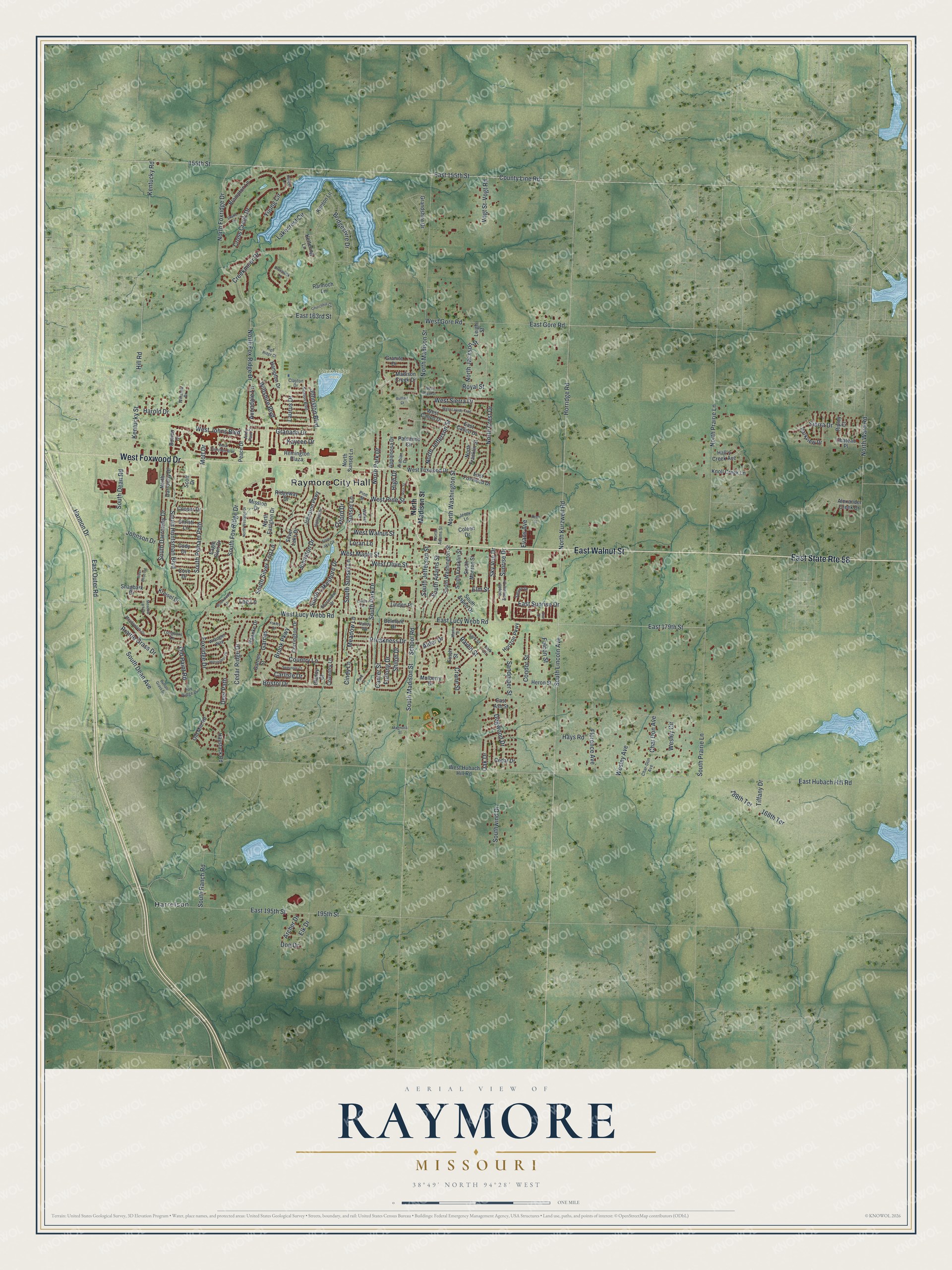 Full map of Raymore, Missouri, with red buildings, printed street names and the land around them