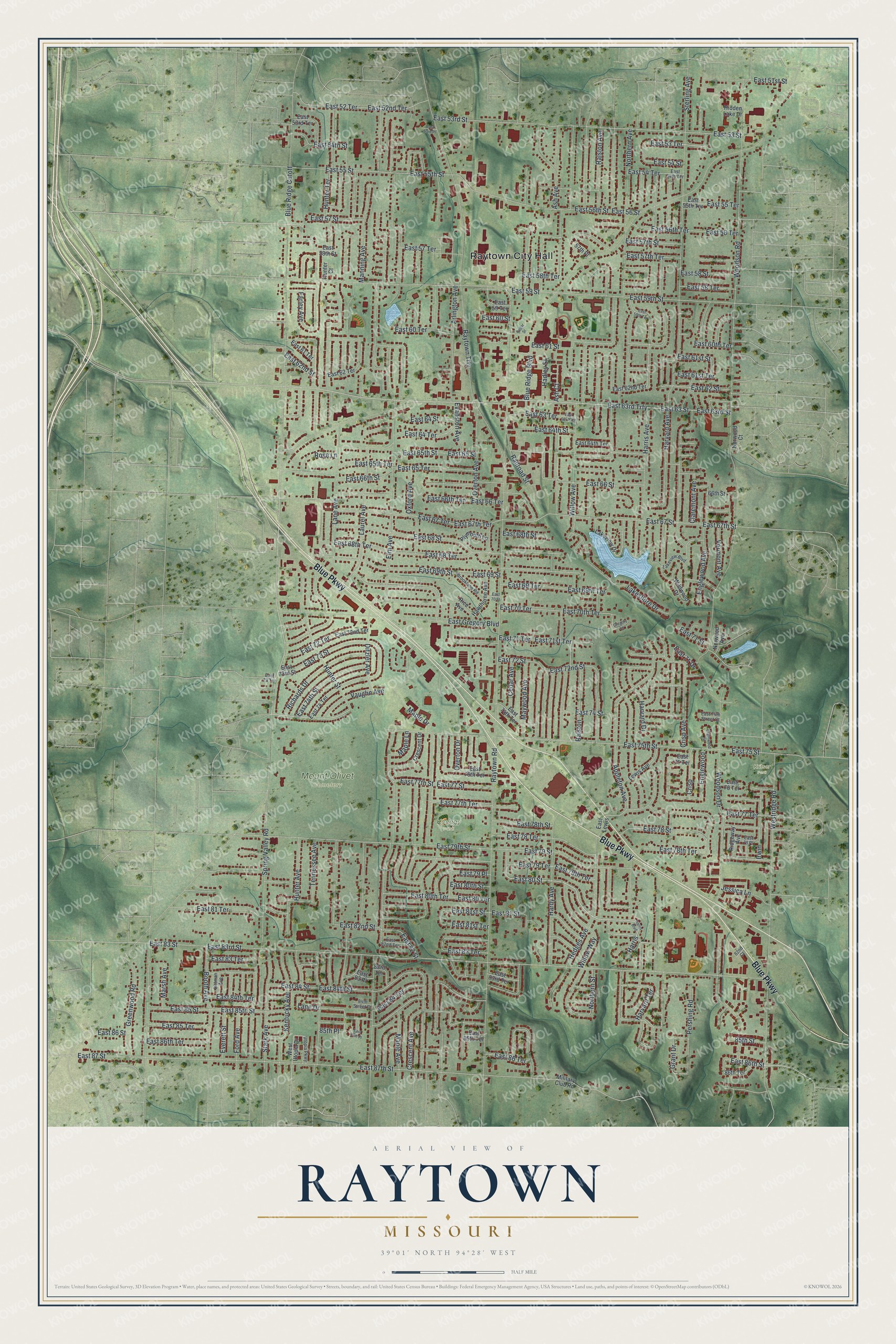 Aerial map of Raytown, Missouri with green shaded hills, red buildings, Blue Parkway on a slant and a cream title panel