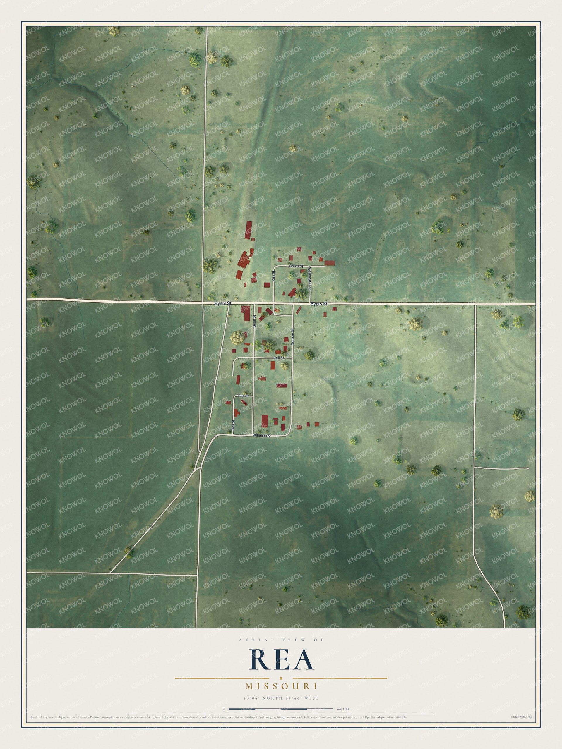 Full map of Rea, Missouri, with red buildings, printed street names and the land around them
