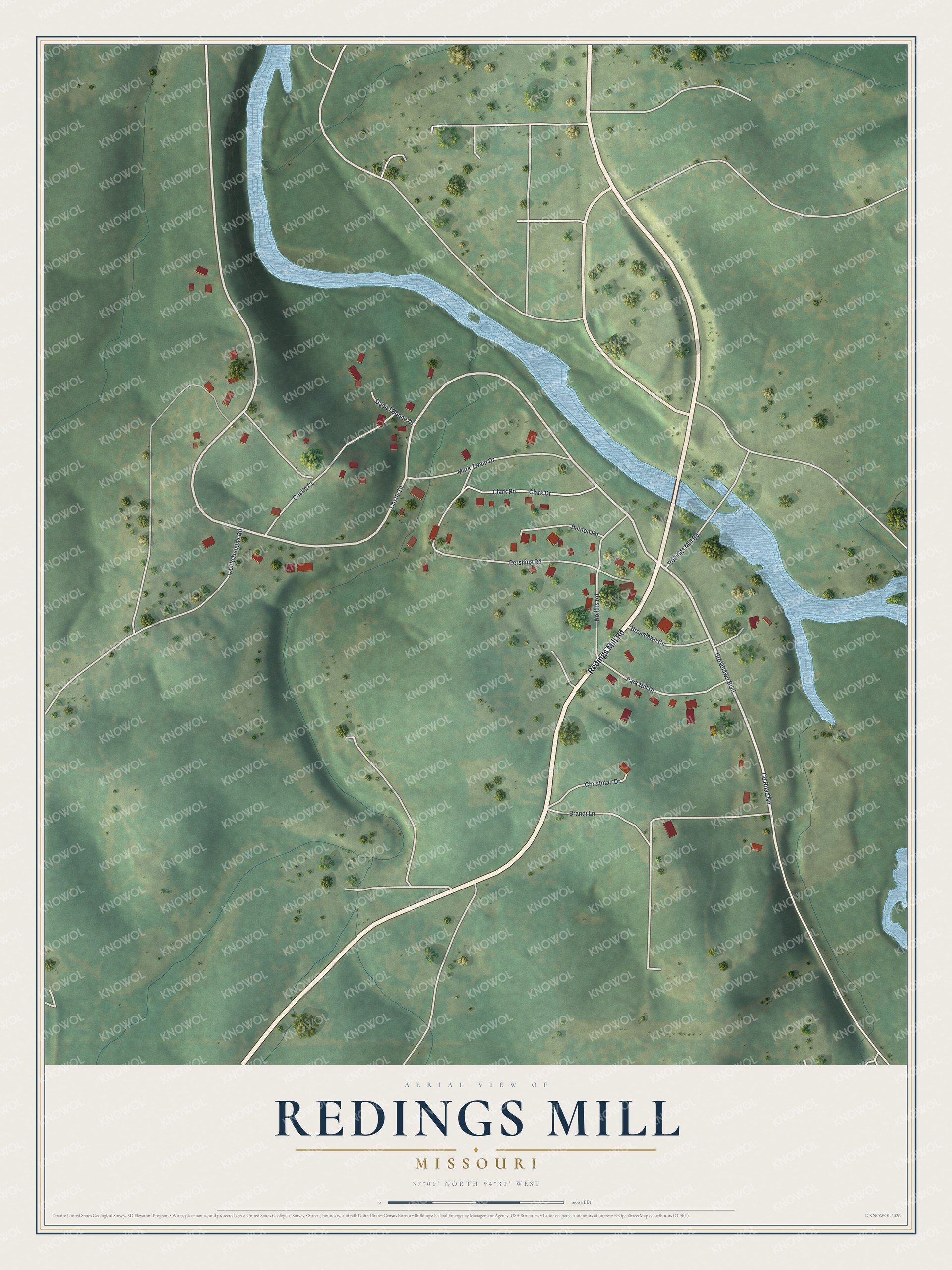 Full map of Redings Mill, Missouri, with red buildings, printed street names and the land around them