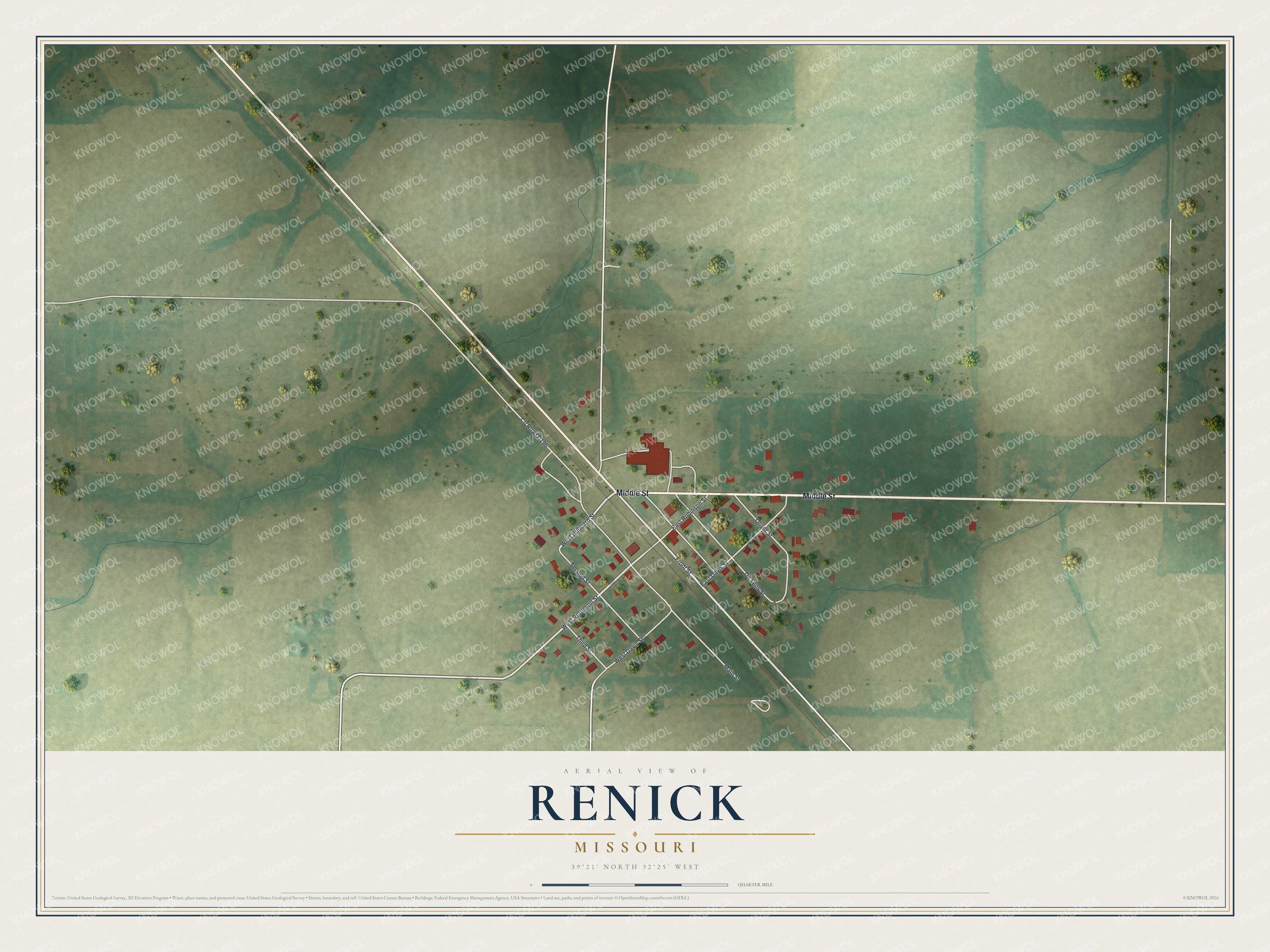 Full map of Renick, Missouri, with red buildings, printed street names and the land around them