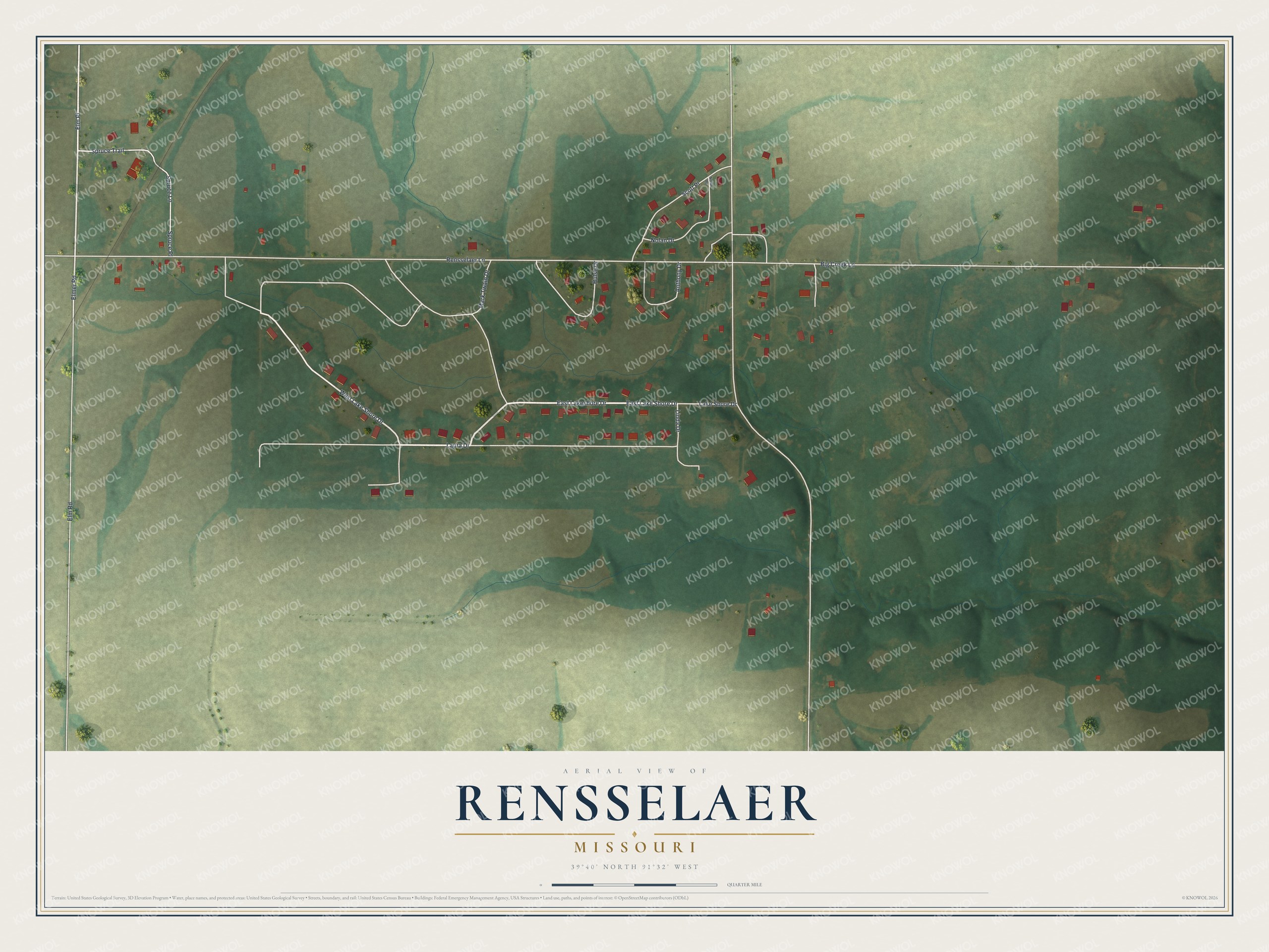 Full map of Rensselaer, Missouri, with red buildings, printed street names and the land around them