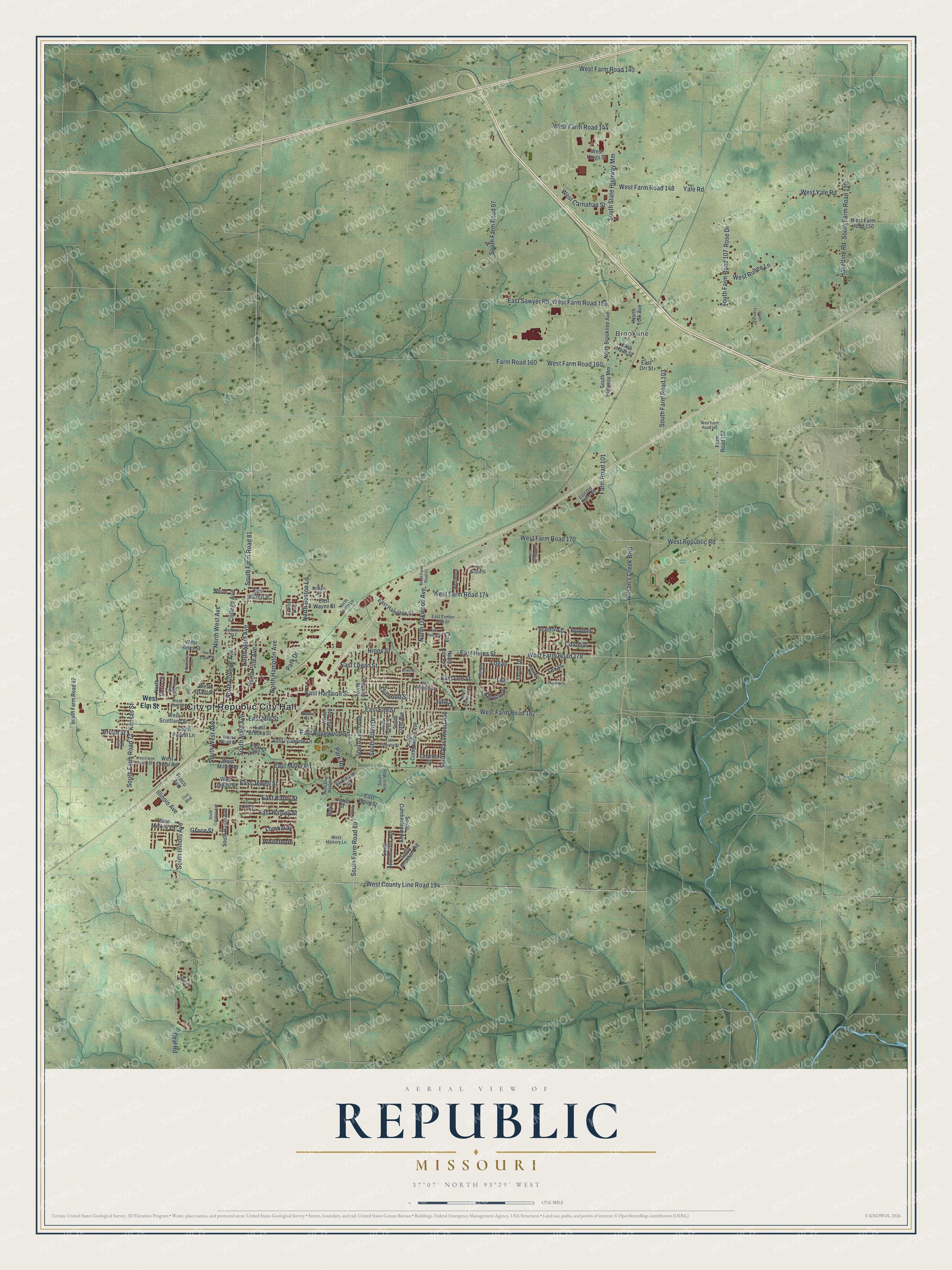 Full map of Republic, Missouri, with red buildings, printed street names and the land around them