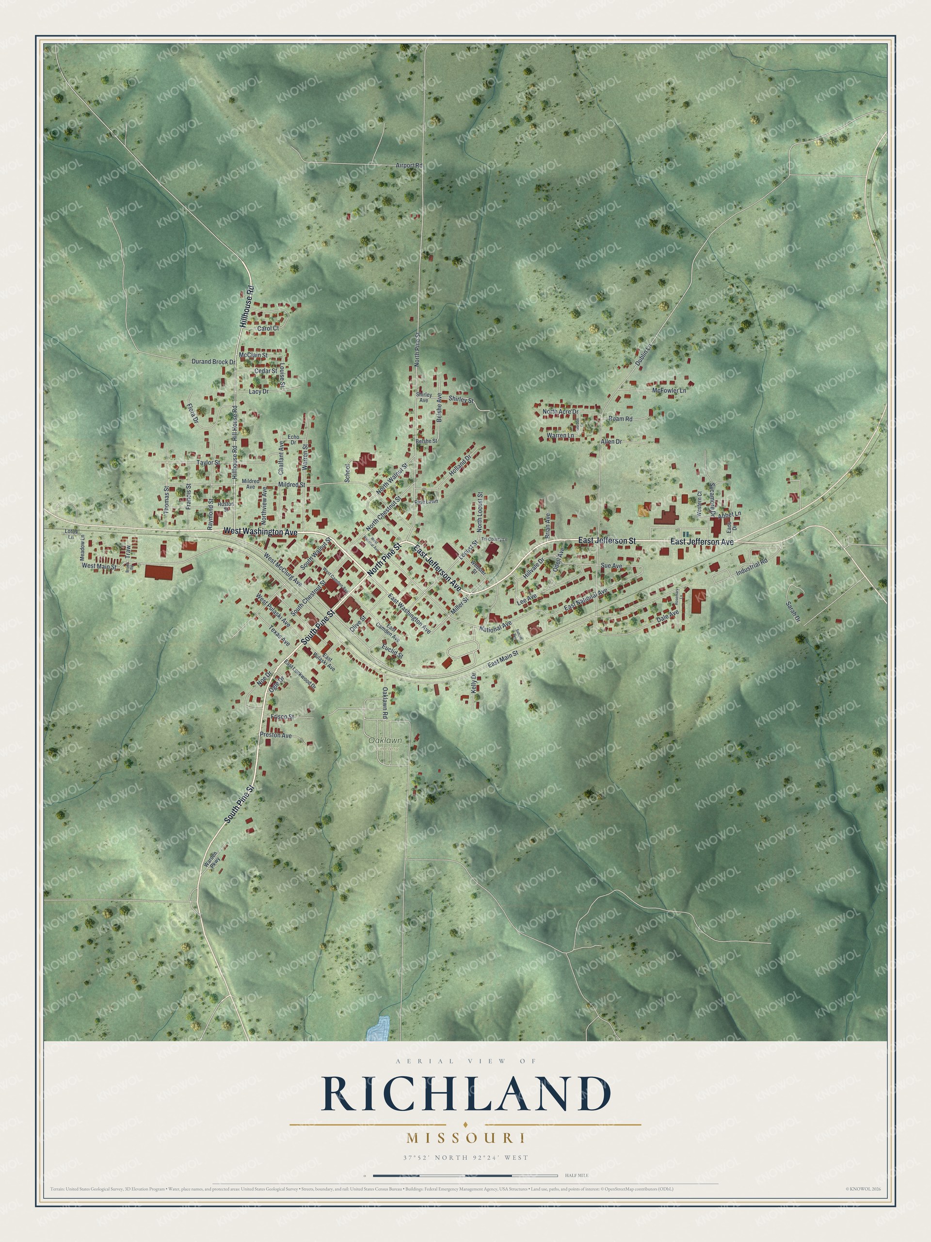 Full map of Richland, Missouri, with red buildings, printed street names and the land around them