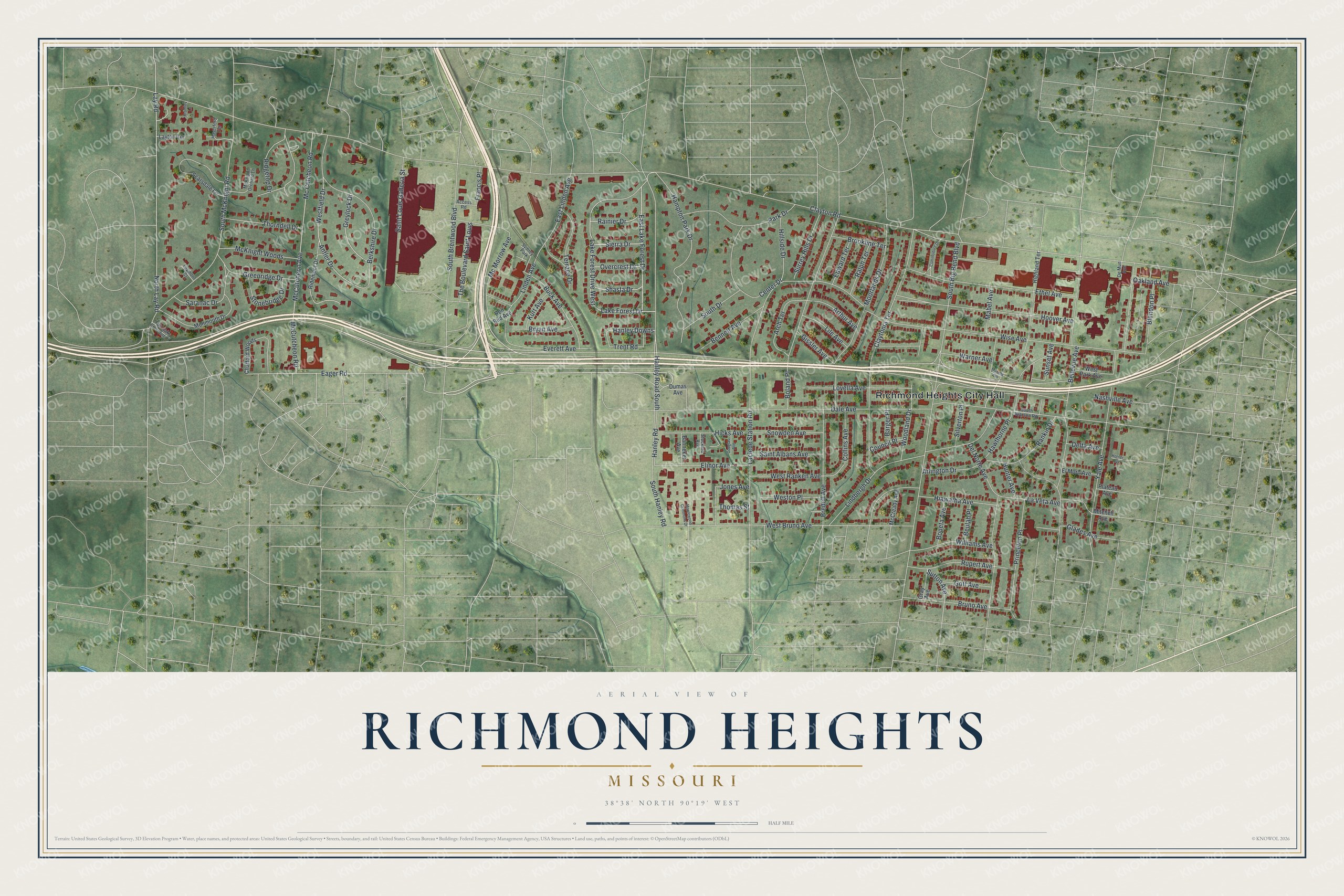 Aerial map of Richmond Heights, Missouri with red buildings on green hills on both sides of a wide highway and a cream title panel