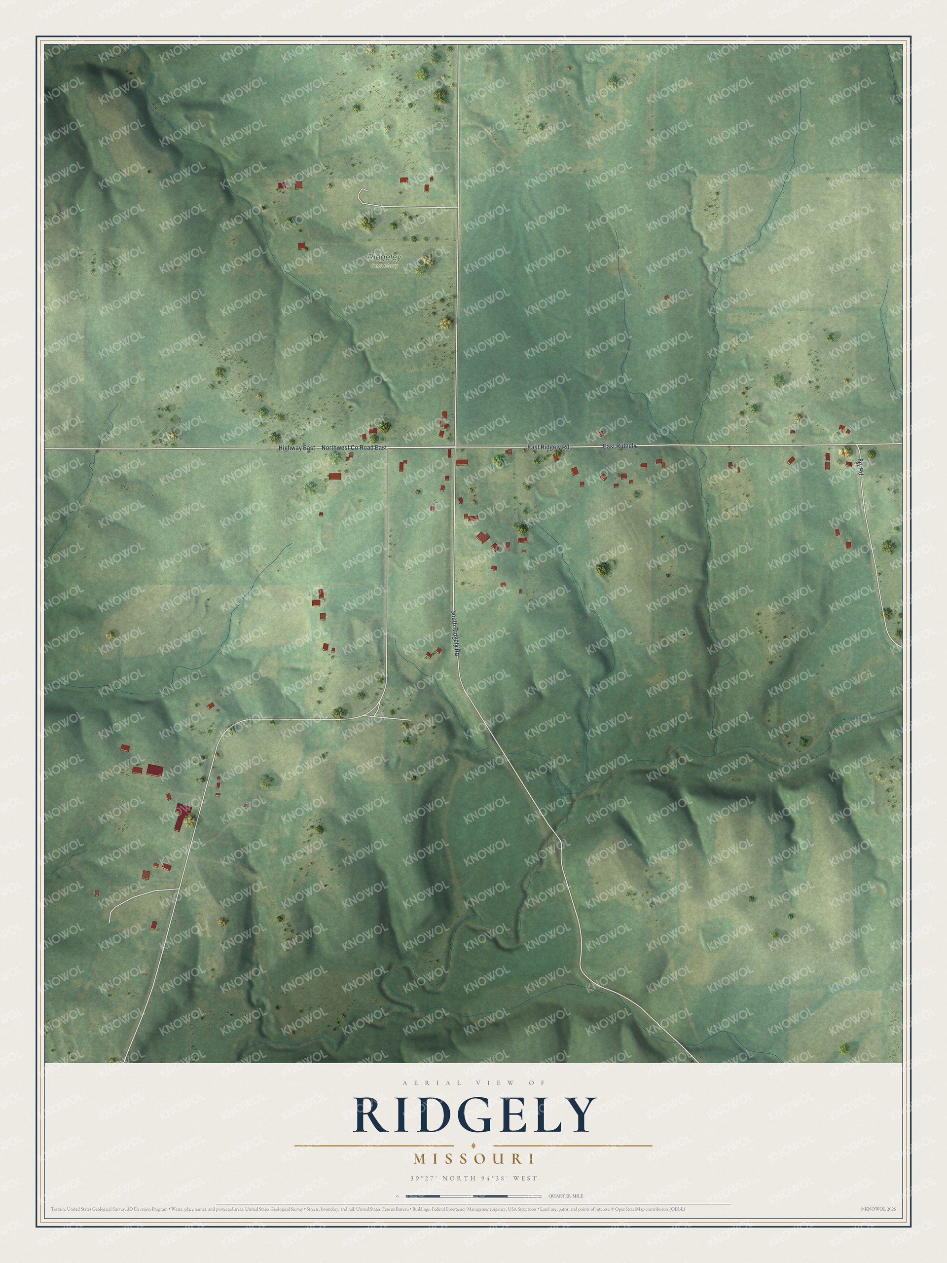 Full map of Ridgely, Missouri, with red buildings, printed street names and the land around them