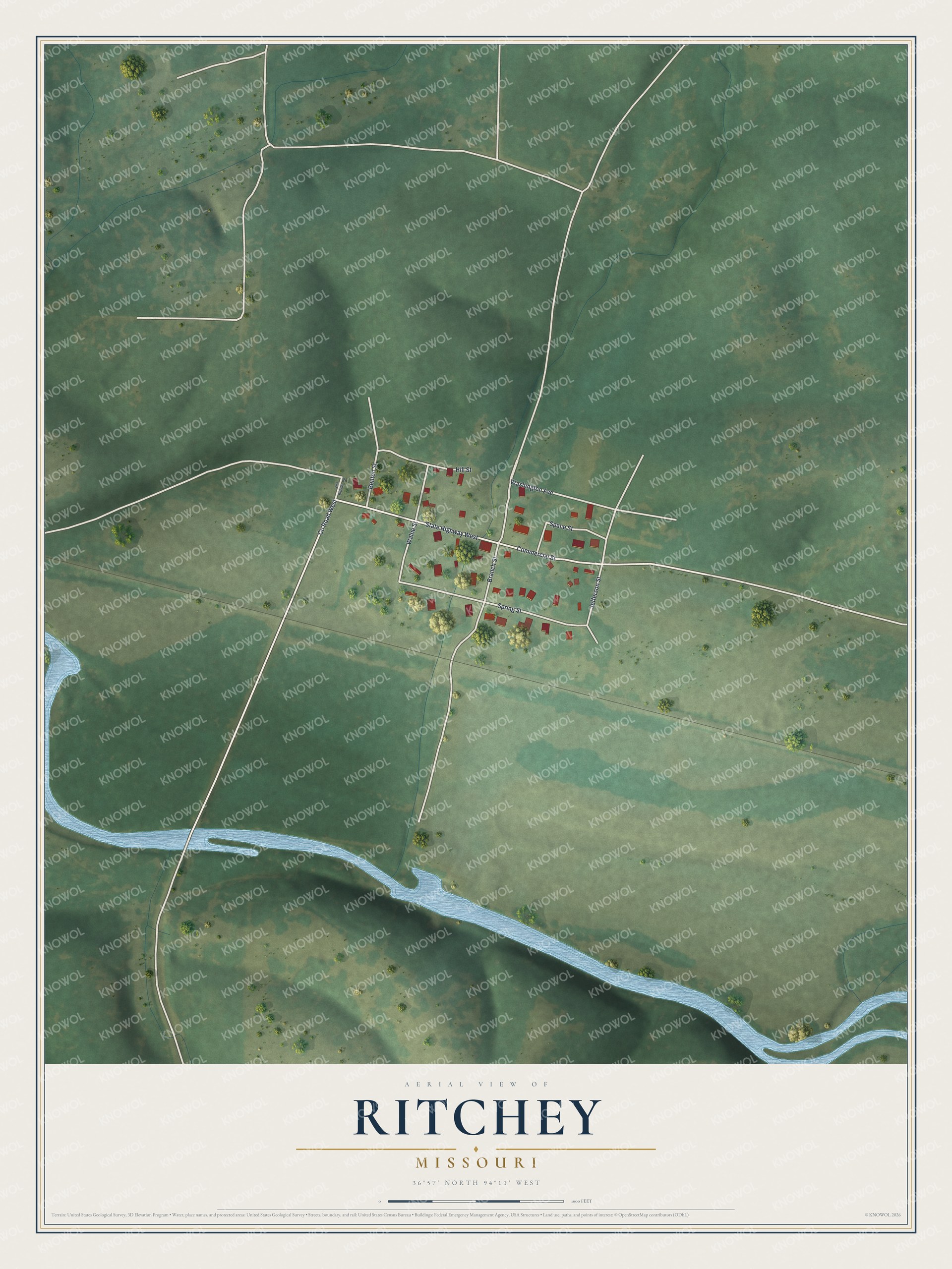 Full map of Ritchey, Missouri, with red buildings, printed street names and the land around them