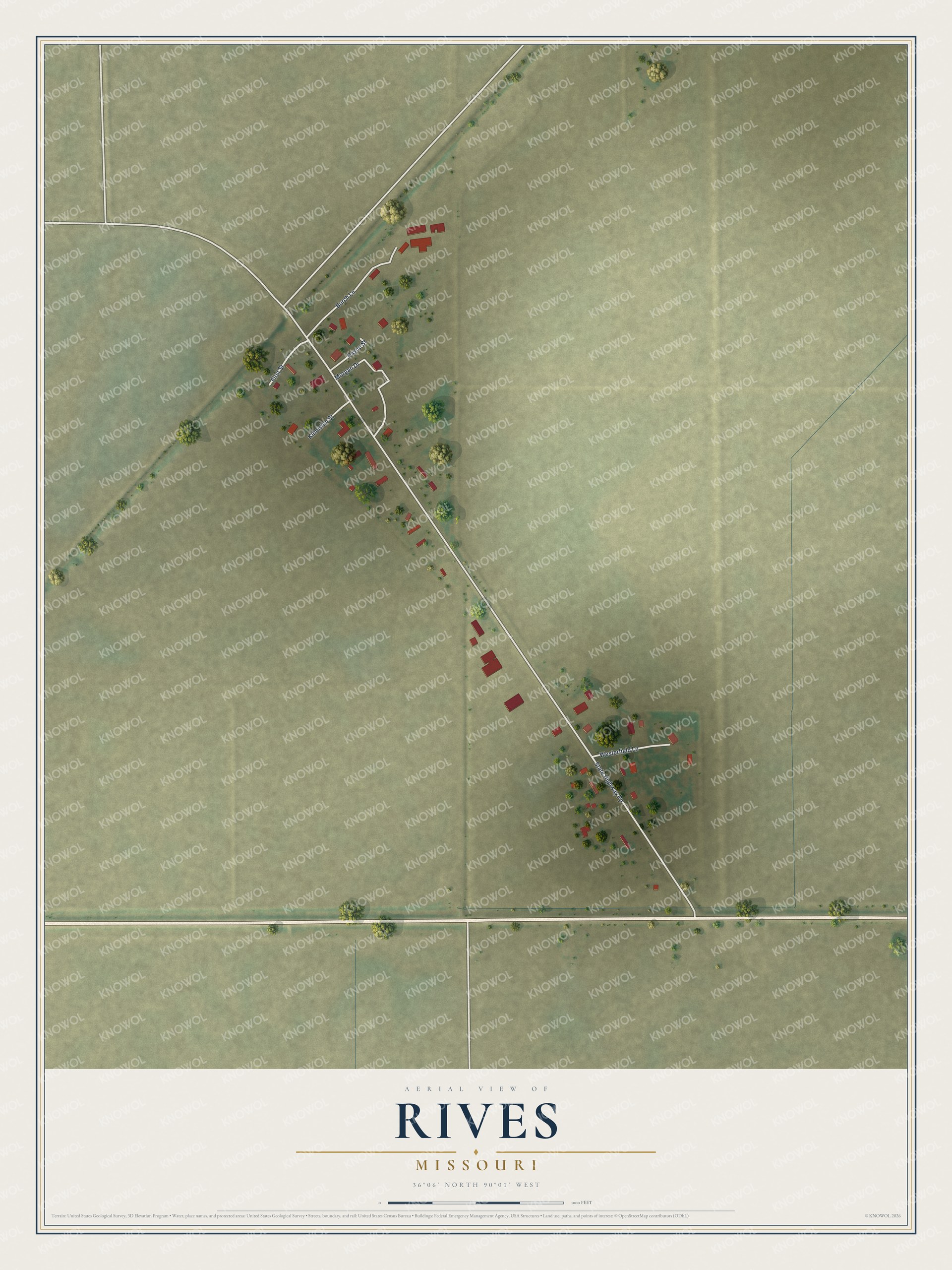 Full map of Rives, Missouri, with red buildings, printed street names and the land around them
