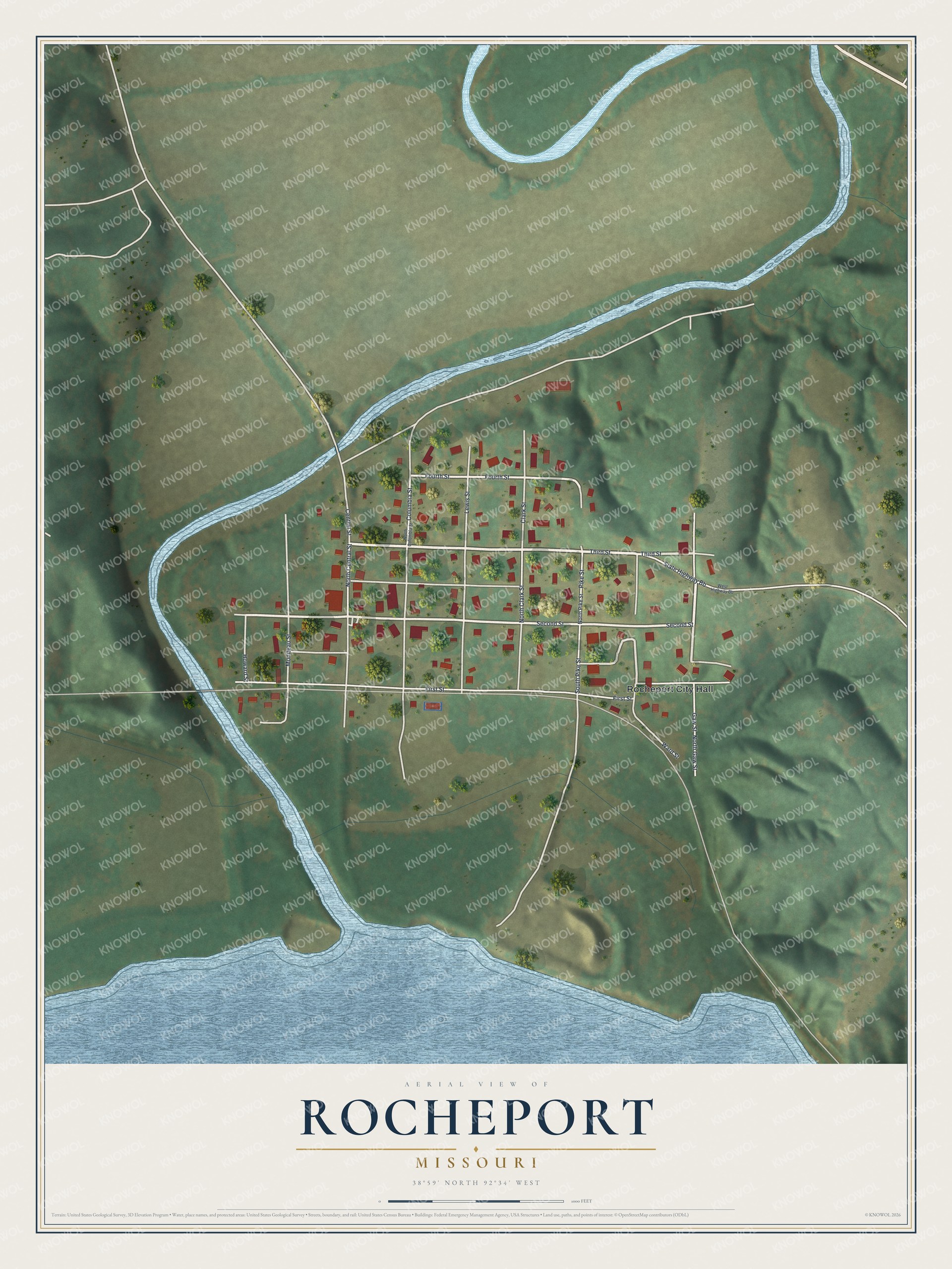 Aerial map of Rocheport, Missouri, showing a small street grid between a winding creek, green hills and a wide river