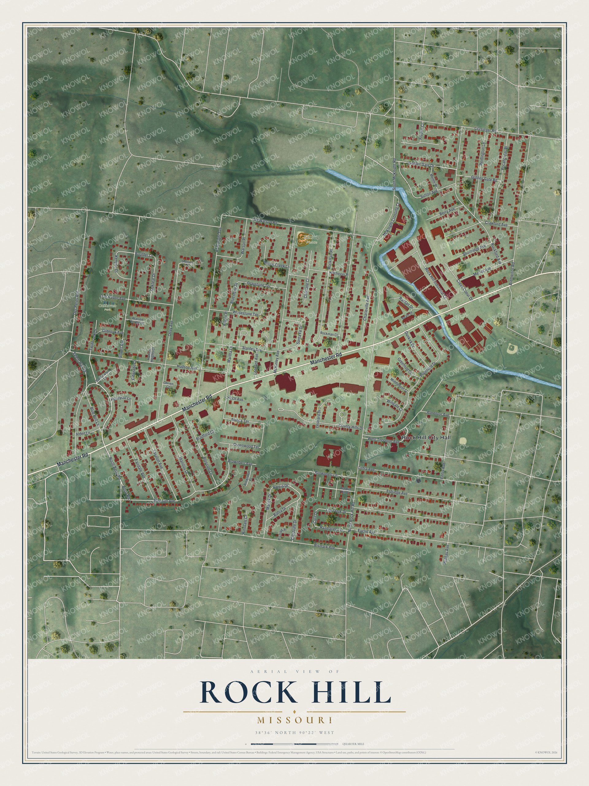 Aerial-style map of Rock Hill, Missouri with red buildings on green hills, a blue creek and Manchester Road crossing town