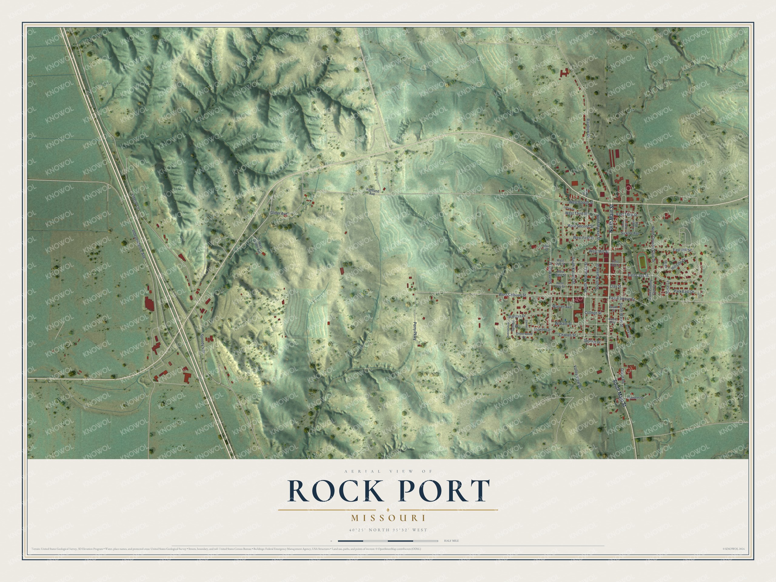 Map of Rock Port, Missouri with shaded green hills to the west, a highway along the left edge and the town grid in red at right