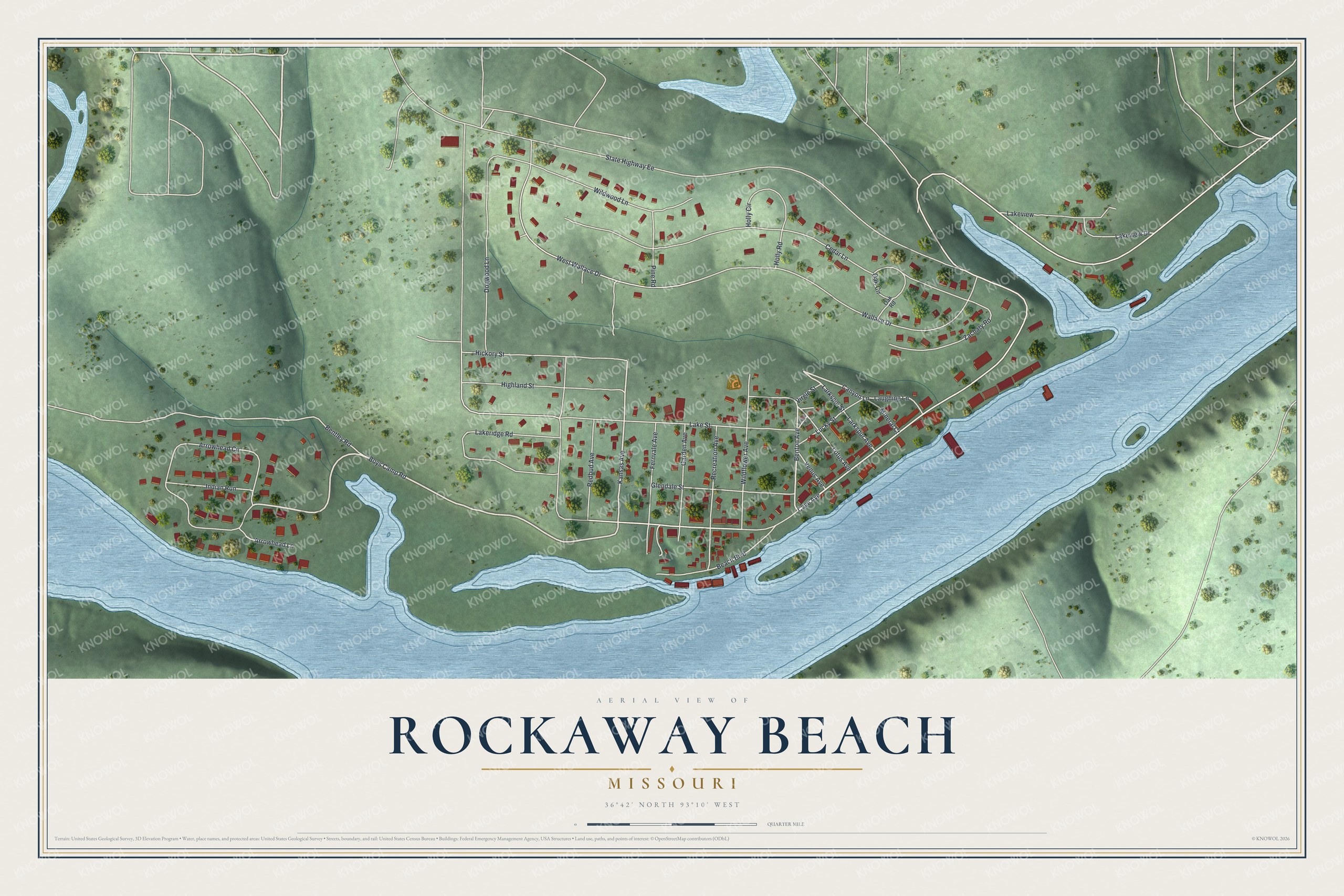 Full map of Rockaway Beach, Missouri, with red buildings, printed street names and the land around them