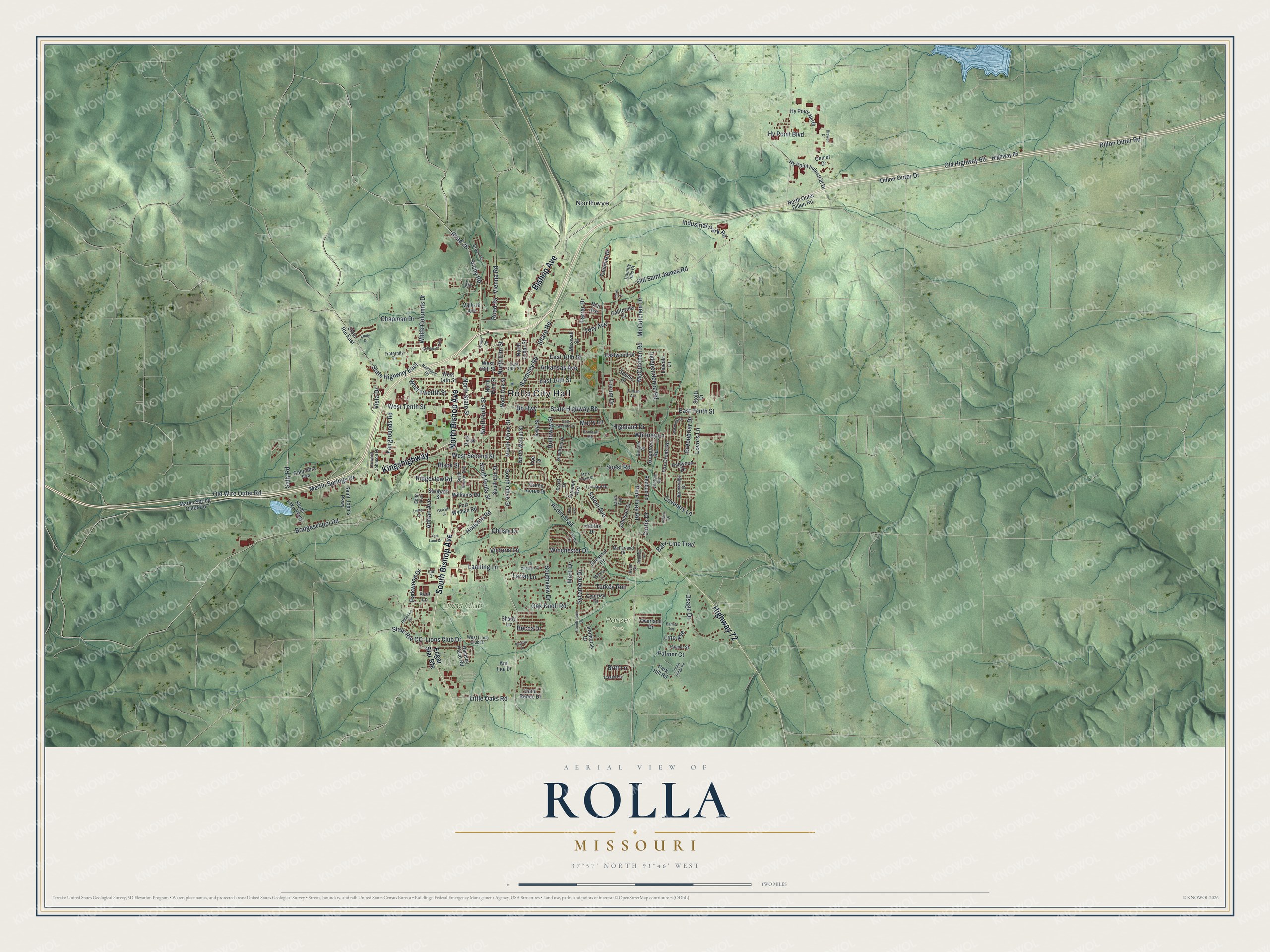 Full map of Rolla, Missouri, with red buildings, printed street names and the land around them