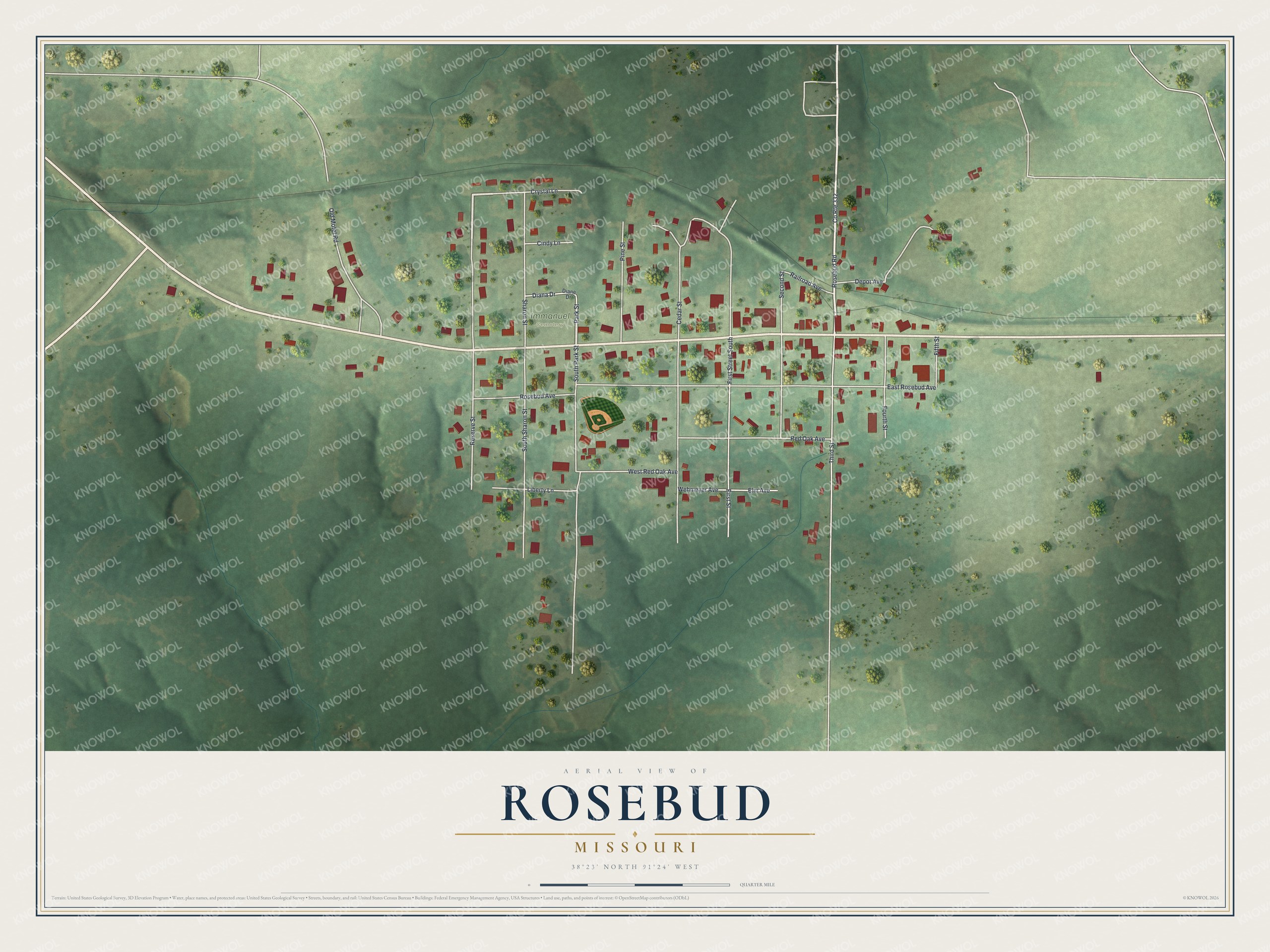 Full map of Rosebud, Missouri, with red buildings, printed street names and the land around them