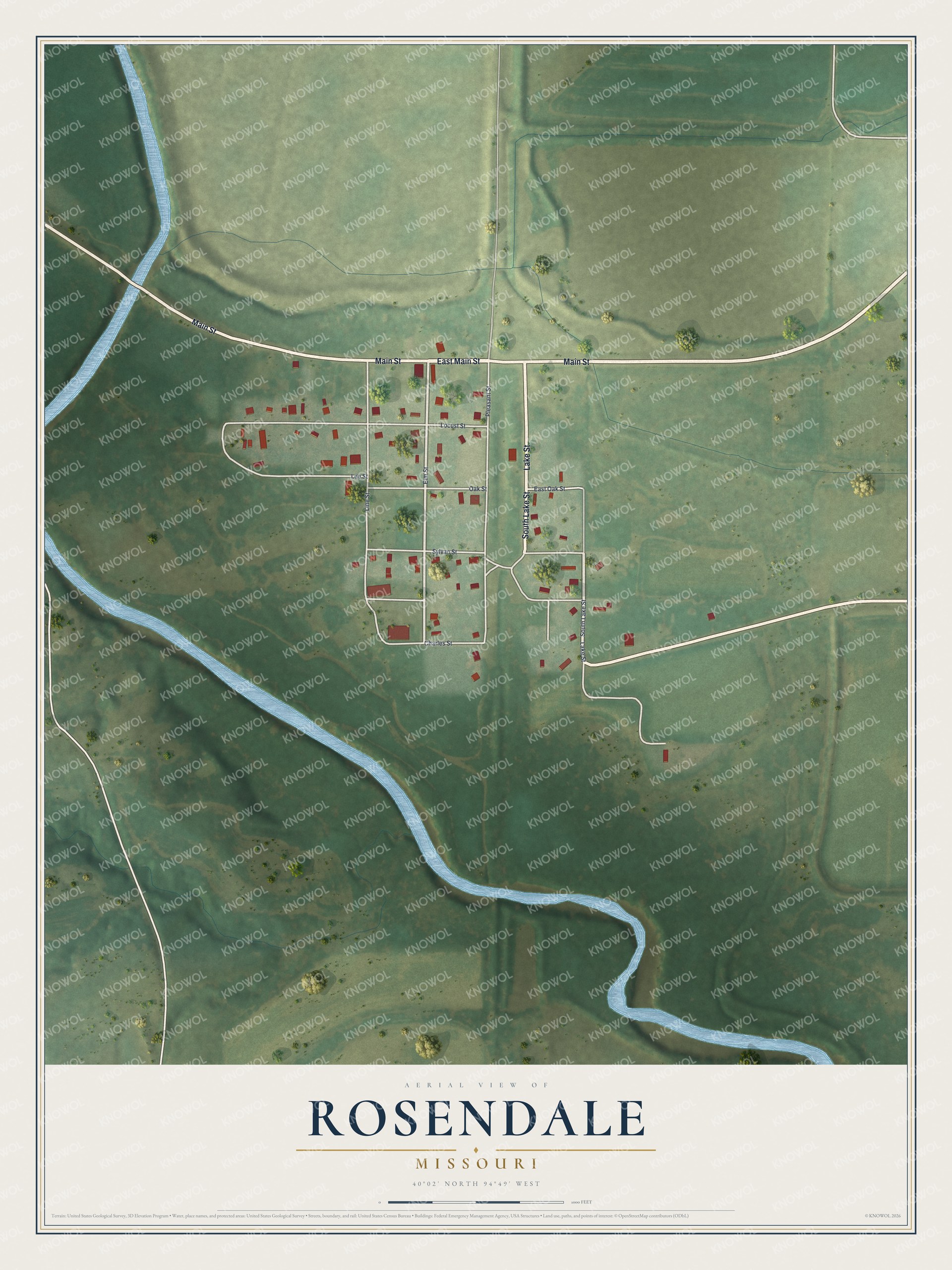 Full map of Rosendale, Missouri, with red buildings, printed street names and the land around them
