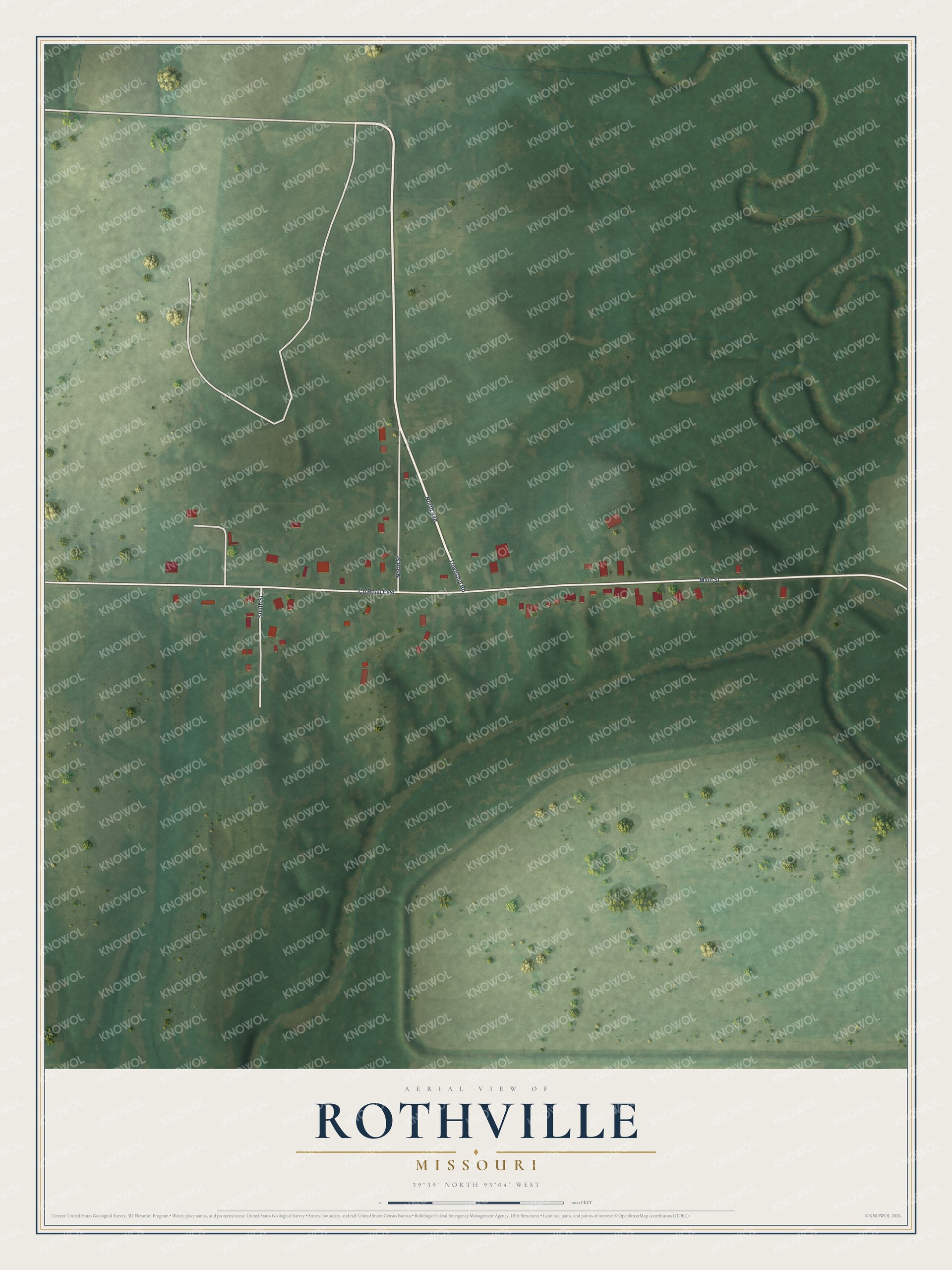 Full map of Rothville, Missouri, with red buildings, printed street names and the land around them