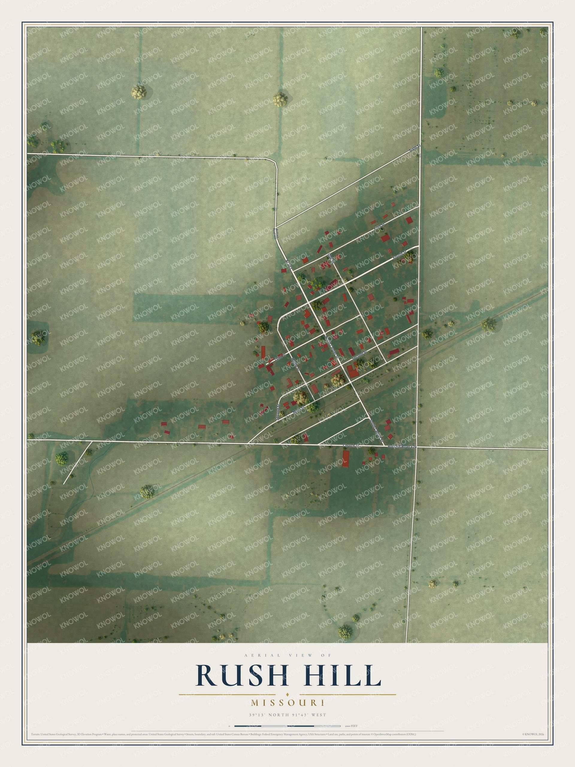 Full map of Rush Hill, Missouri, with red buildings, printed street names and the land around them