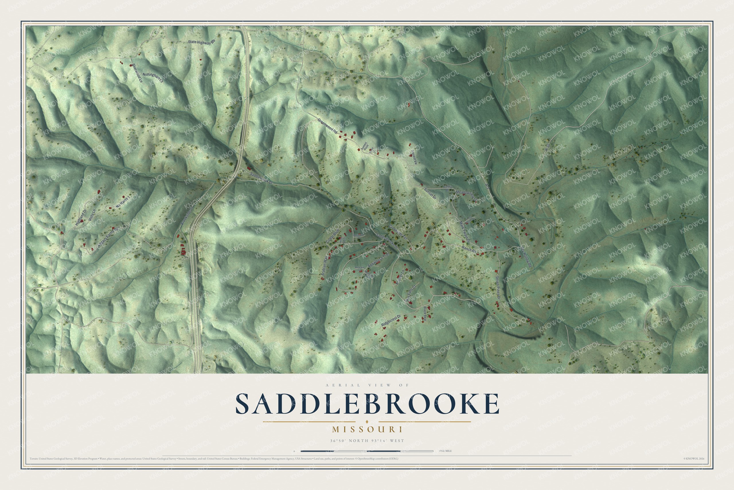 Full map of Saddlebrooke, Missouri, with red buildings, printed street names and the land around them