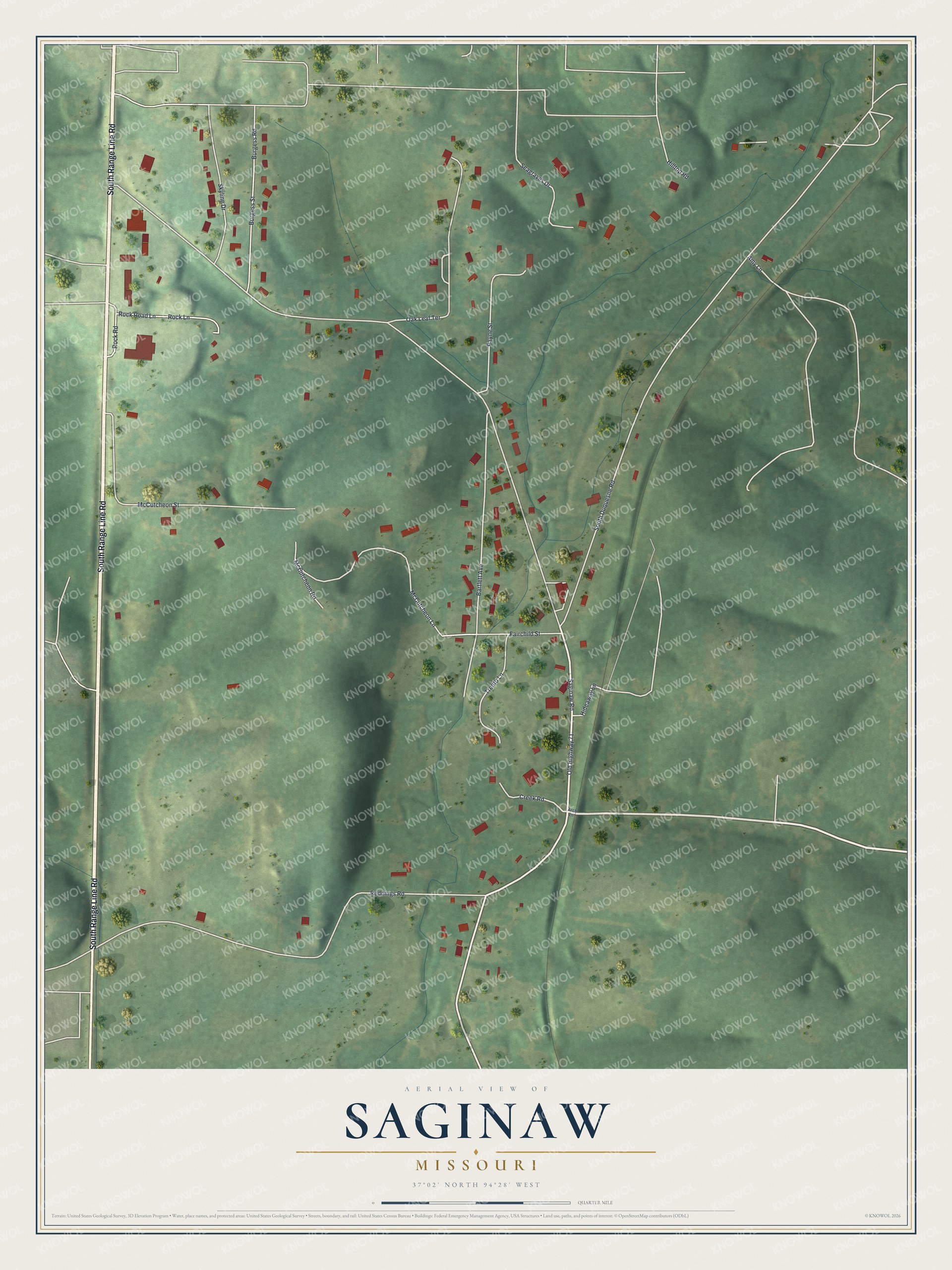 Full map of Saginaw, Missouri, with red buildings, printed street names and the land around them