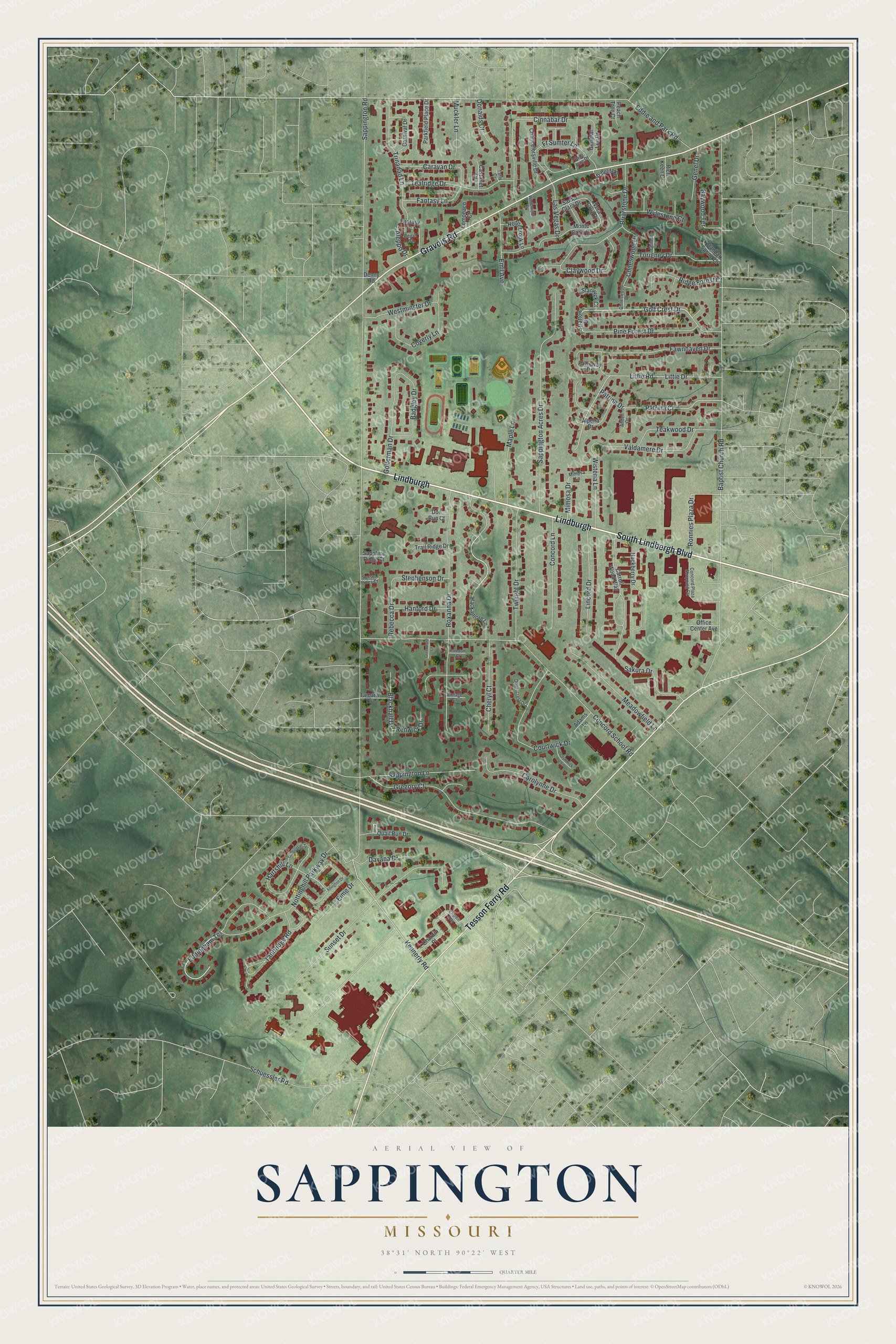 Aerial view map of Sappington, Missouri with red buildings over green hills and roads like Gravois Road and South Lindbergh Boulevard