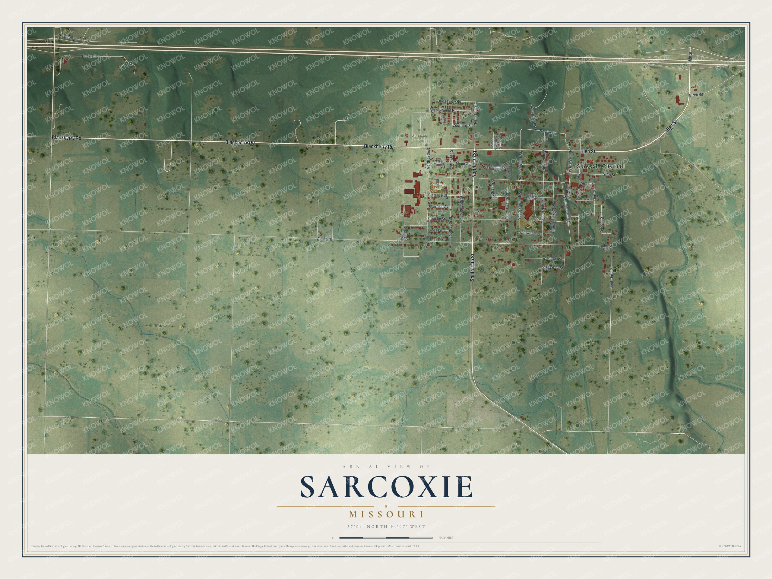 Full map of Sarcoxie, Missouri, with red buildings, printed street names and the land around them