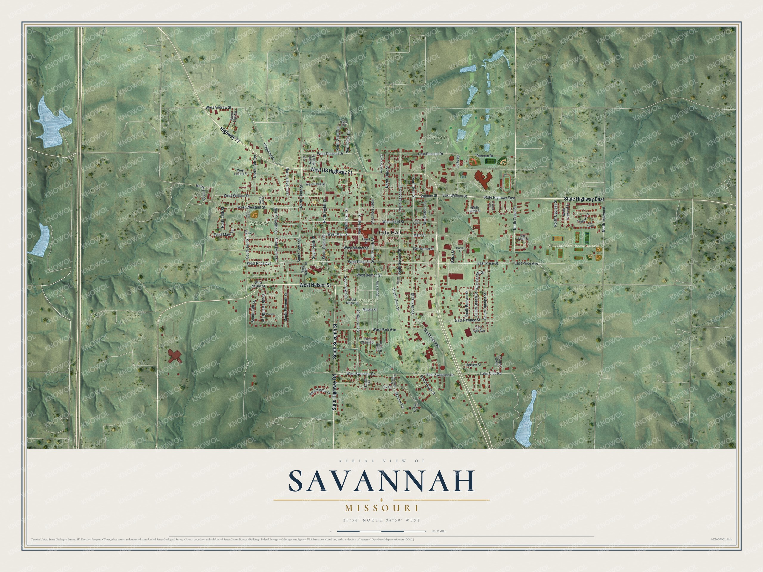 Full map of Savannah, Missouri, with red buildings, printed street names and the land around them