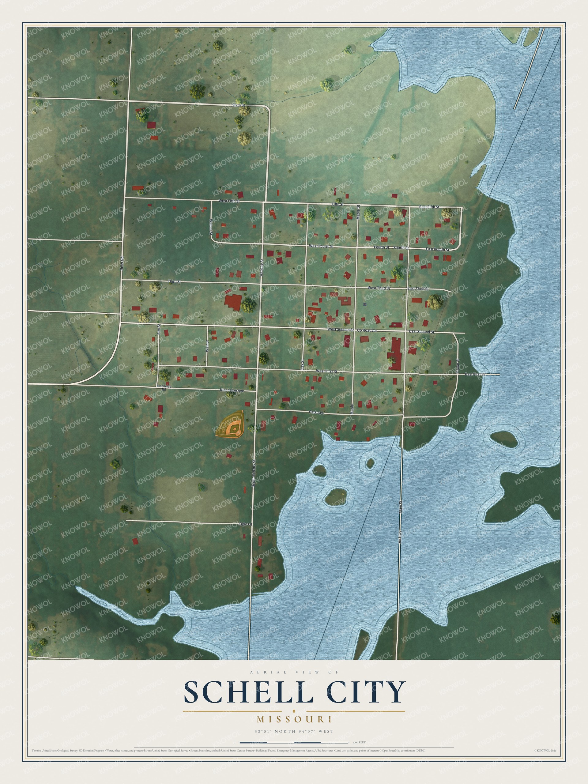 Full map of Schell City, Missouri, with red buildings, printed street names and the land around them