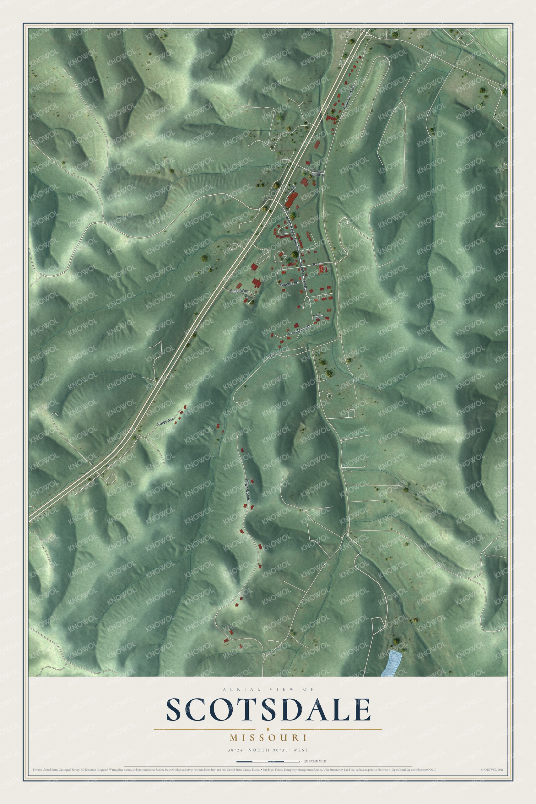 Full map of Scotsdale, Missouri, with red buildings, printed street names and the land around them