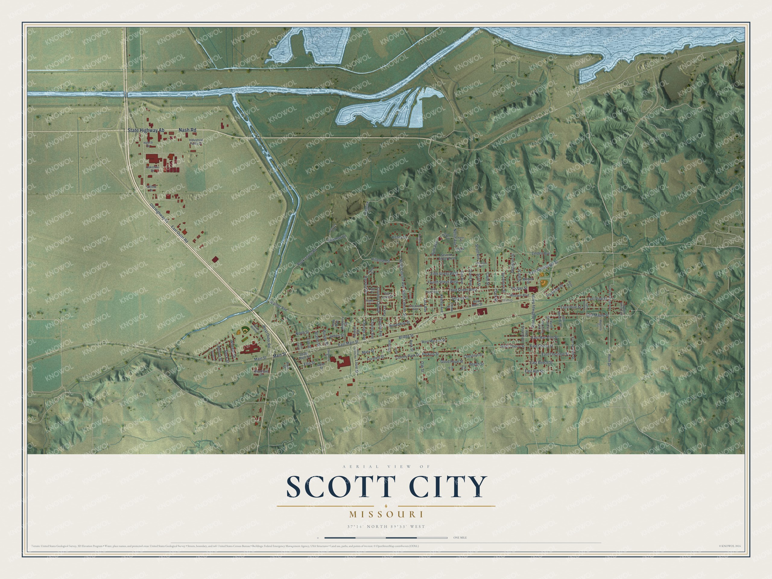 Full map of Scott City, Missouri, with red buildings, printed street names and the land around them