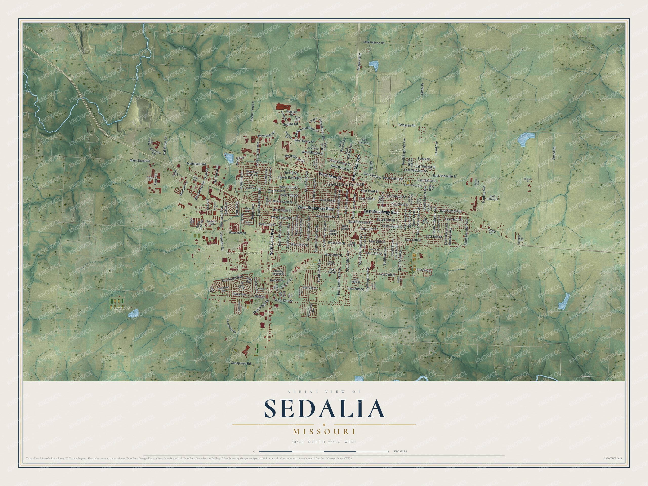 Aerial-style map of Sedalia, Missouri, with red buildings in the center and green hills and creeks all around