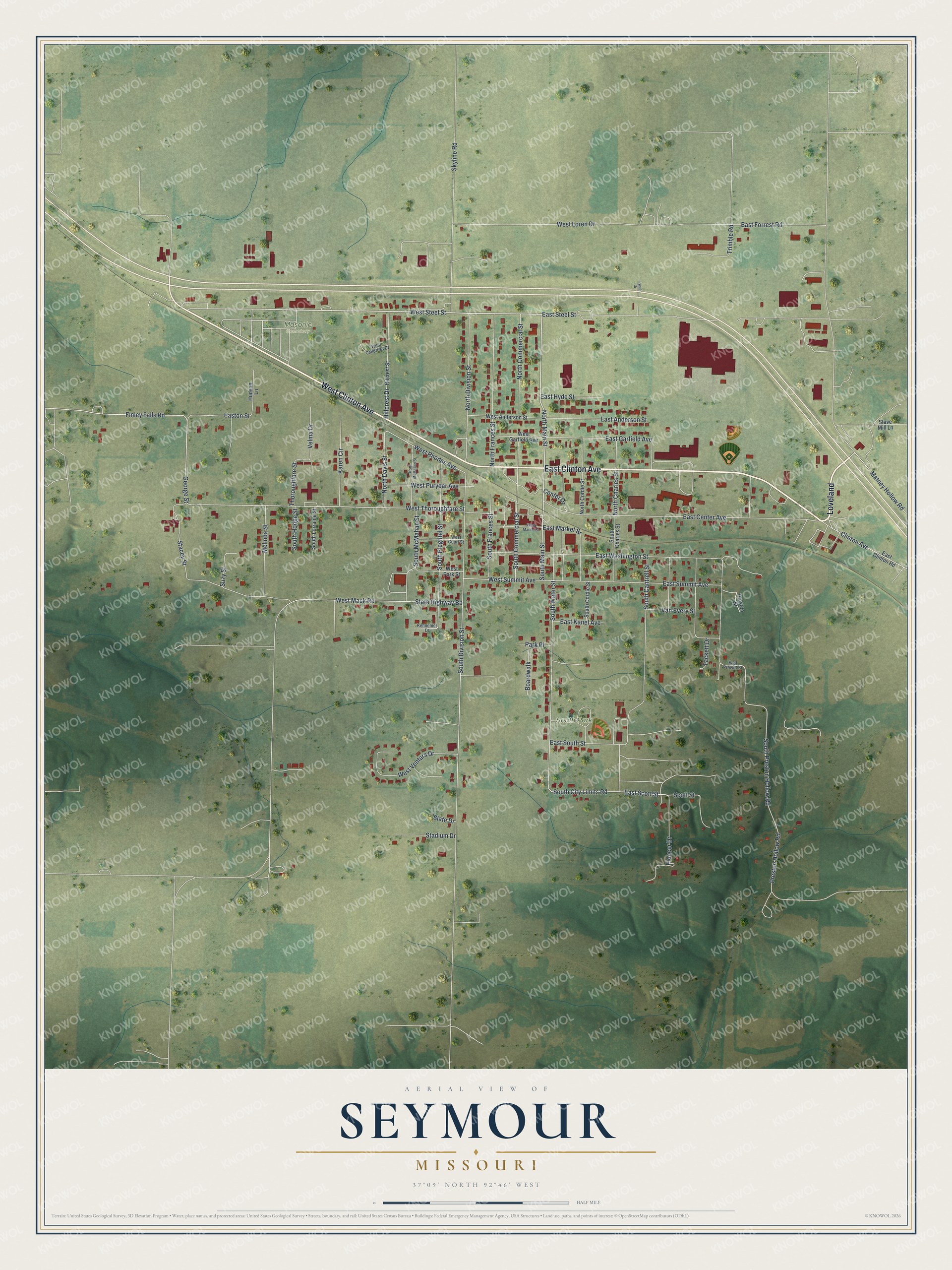 Full map of Seymour, Missouri, with red buildings, printed street names and the land around them