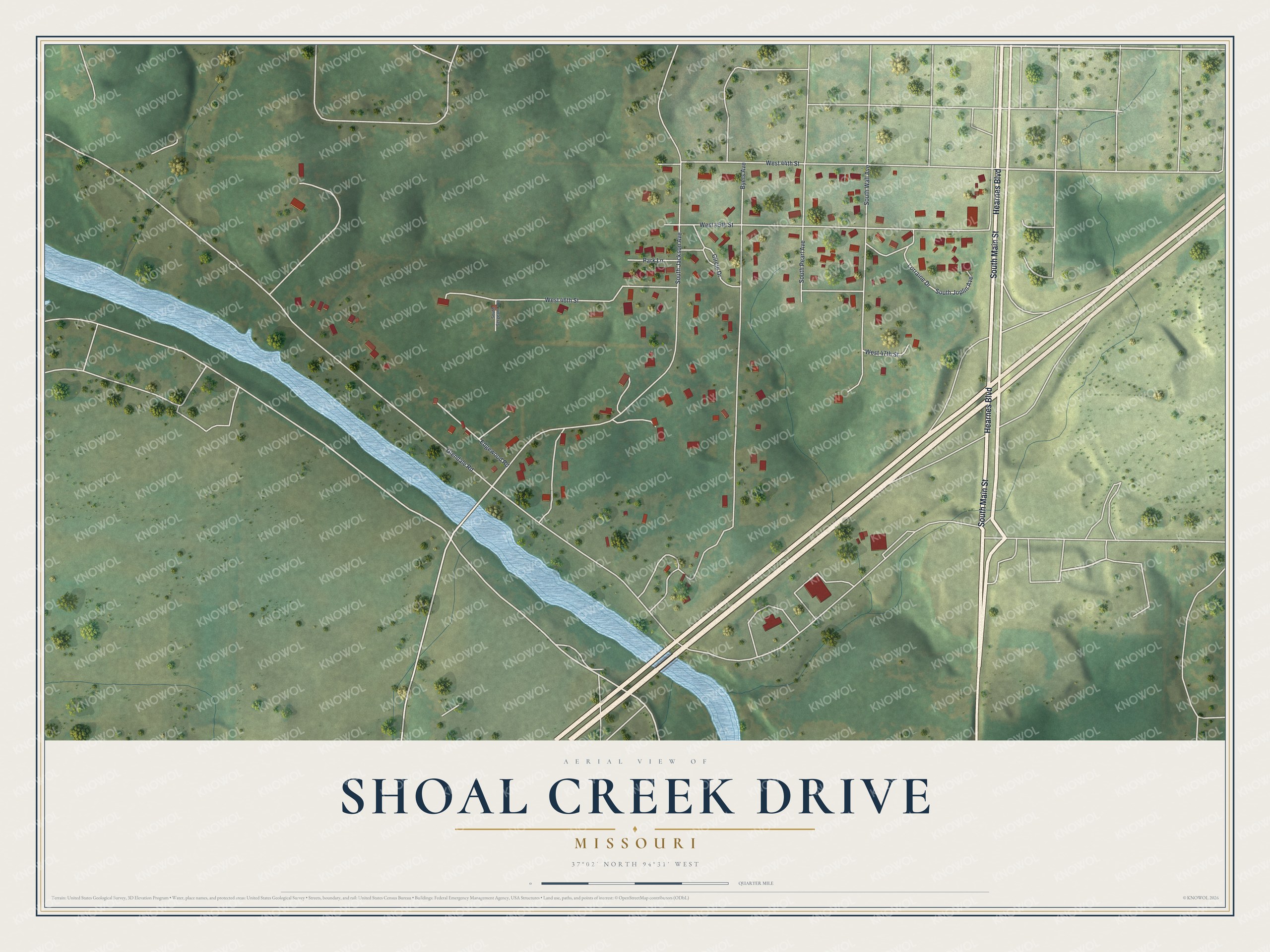Full map of Shoal Creek Drive, Missouri, with red buildings, printed street names and the land around them